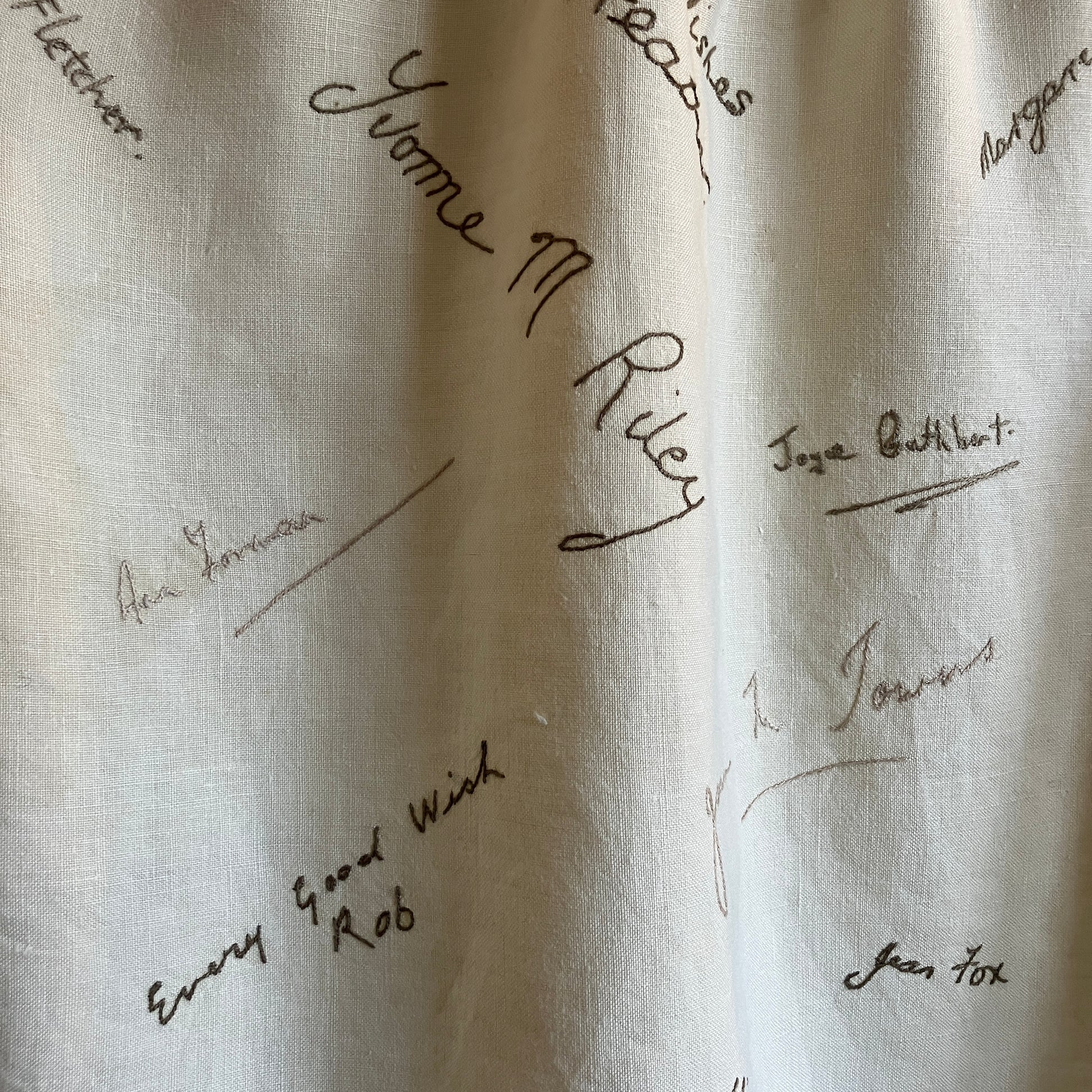 Linen shirt made from a vintage tablecloth hand embroidered with signatures and good luck messages