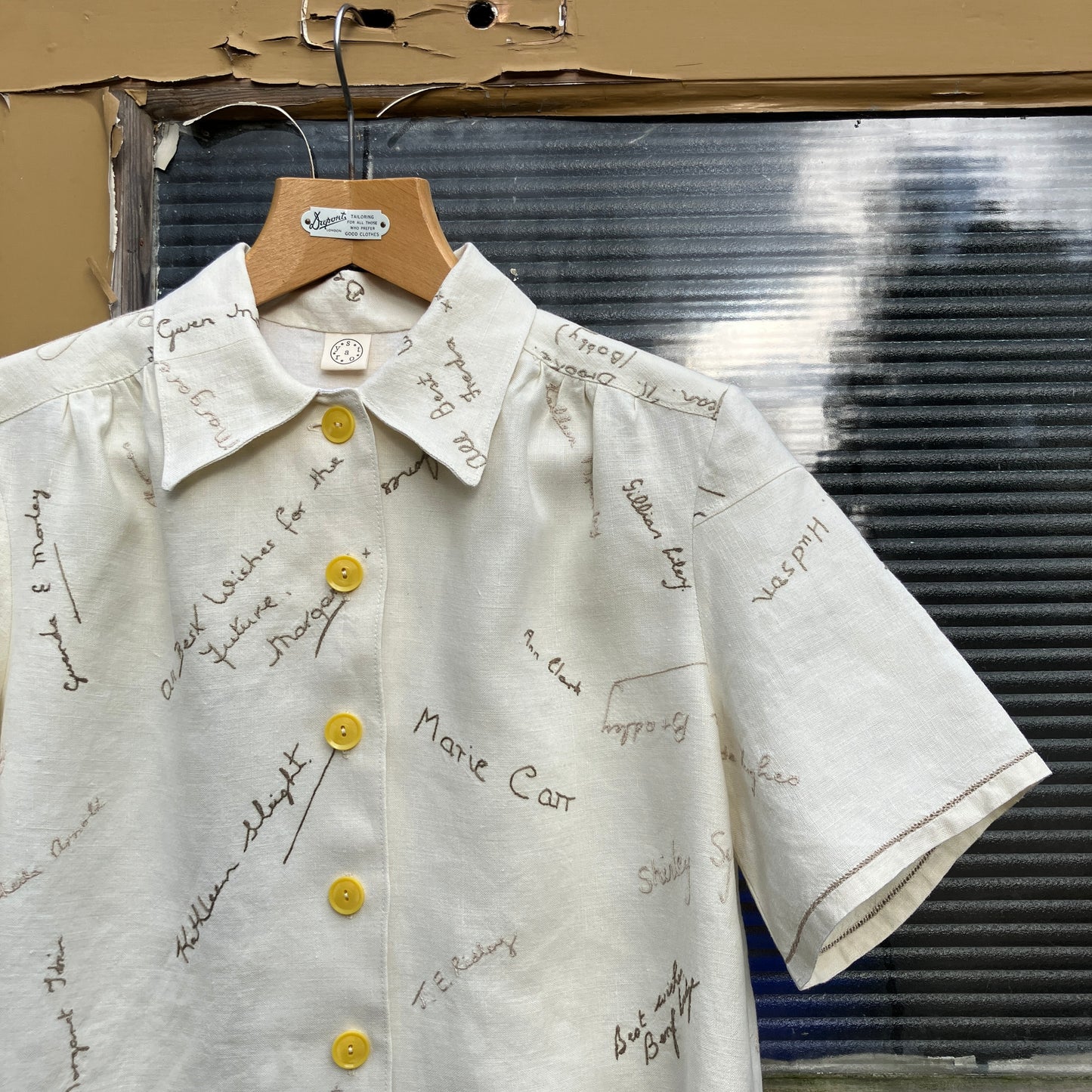 Linen shirt made from a vintage tablecloth hand embroidered with signatures and good luck messages