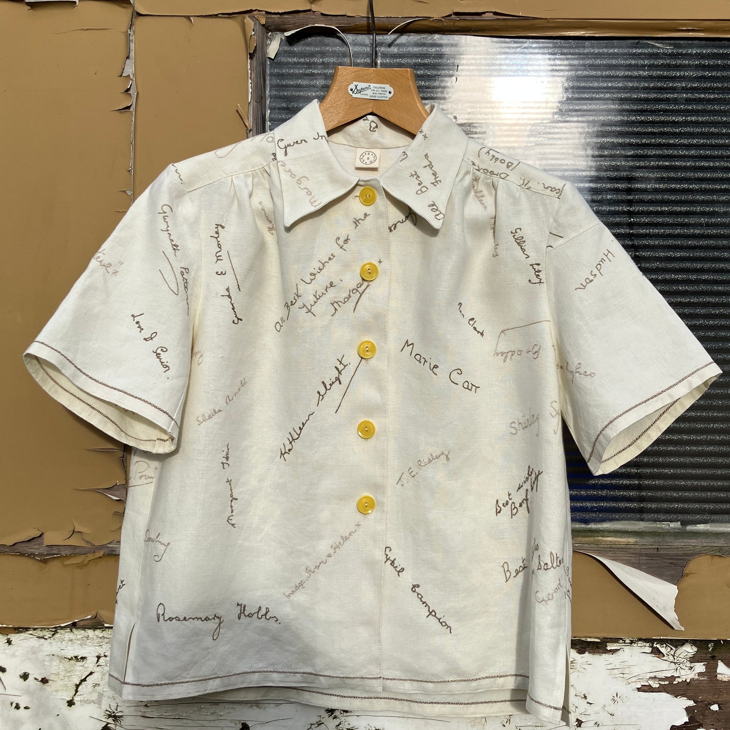Linen shirt made from a vintage tablecloth hand embroidered with signatures and good luck messages