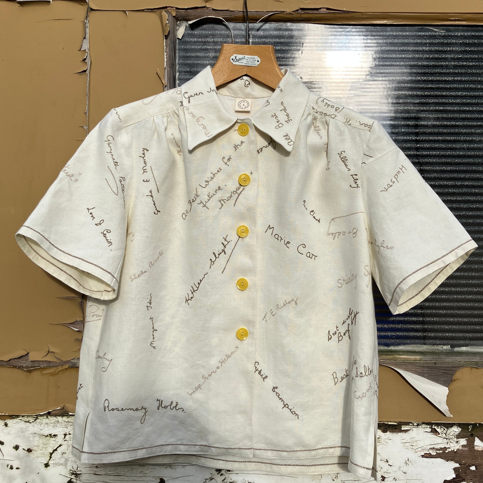 Linen shirt made from a vintage tablecloth hand embroidered with signatures and good luck messages