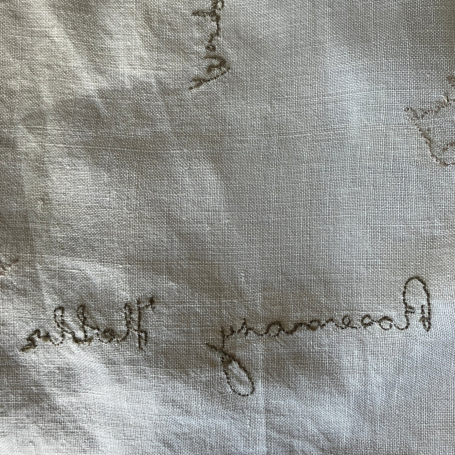 Linen shirt made from a vintage tablecloth hand embroidered with signatures and good luck messages