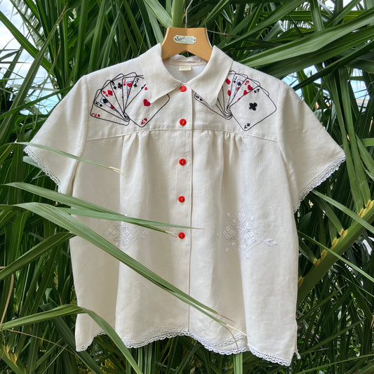 Hand made 'playing cards' recycled tablecloth shirt