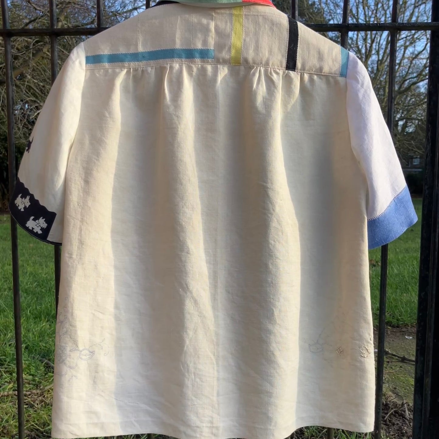 dog-themed shirt made from vintage reclaimed table linen