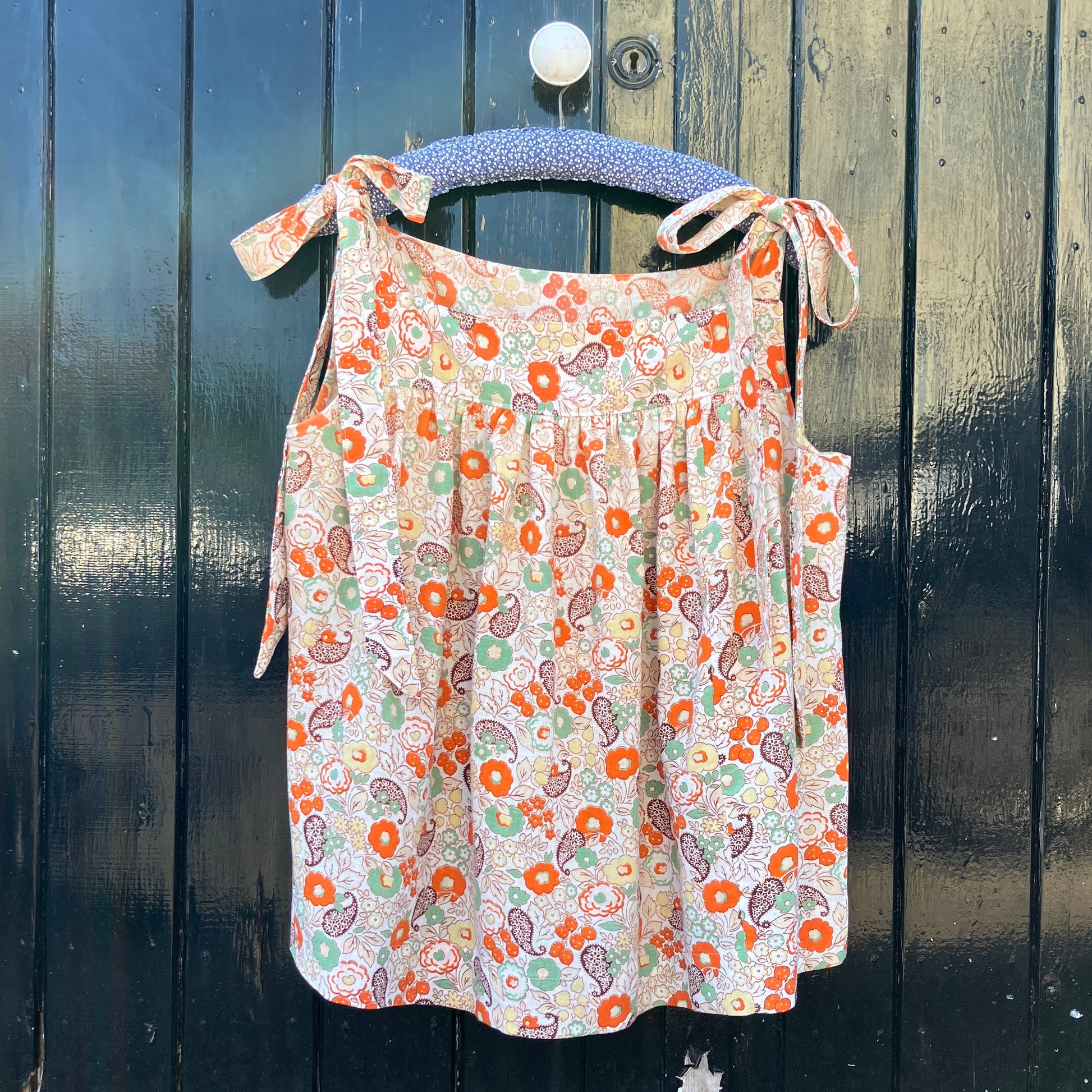 Pretty tie-shoulder top made from a beautiful found 1930s floral cotton curtain