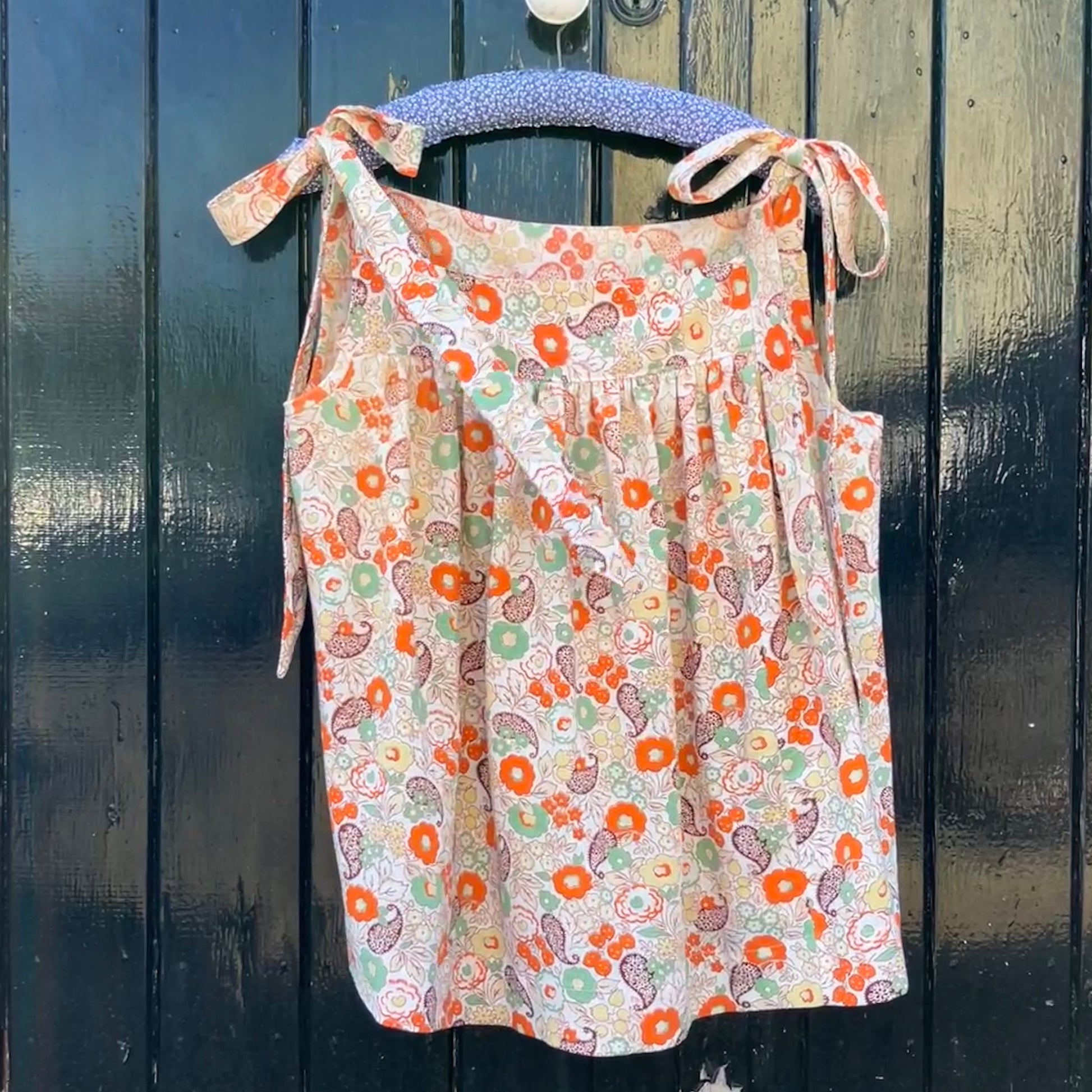 Pretty tie-shoulder top made from a beautiful found 1930s floral cotton curtain