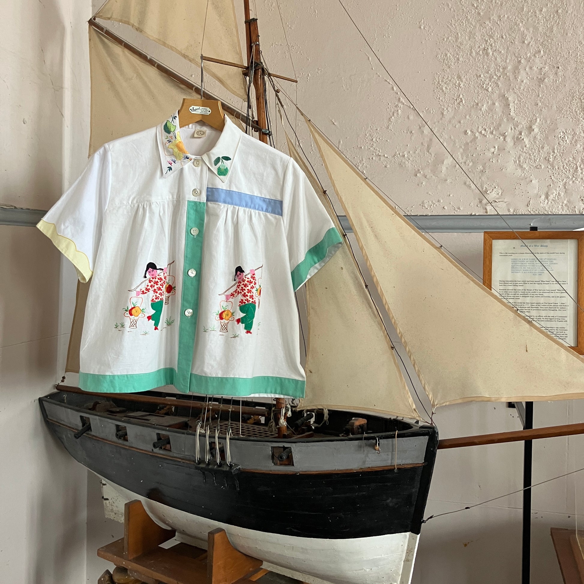 shirt made from reclaimed vintage pillowcases with two appliqué ladies