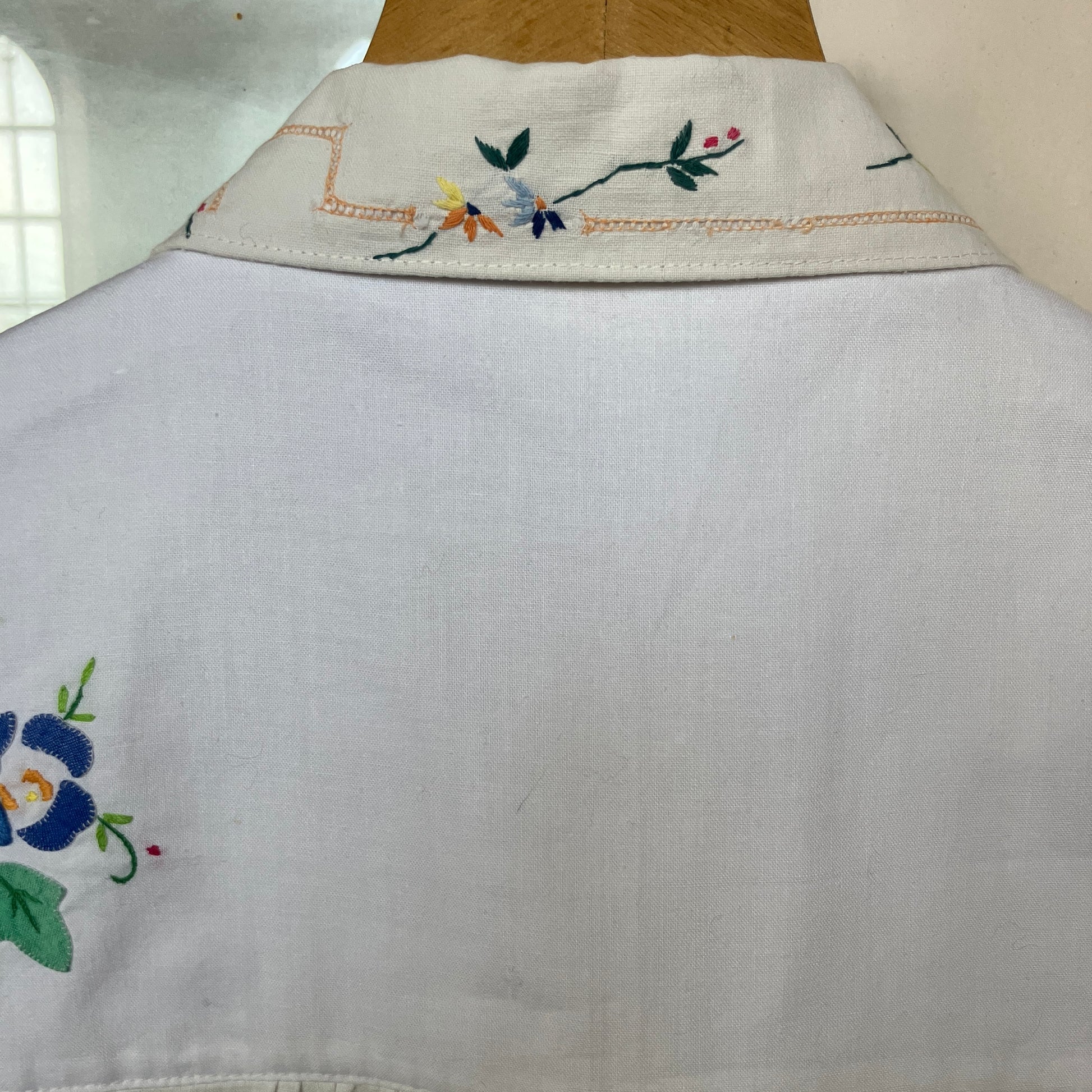 shirt made from reclaimed vintage pillowcases with two appliqué ladies