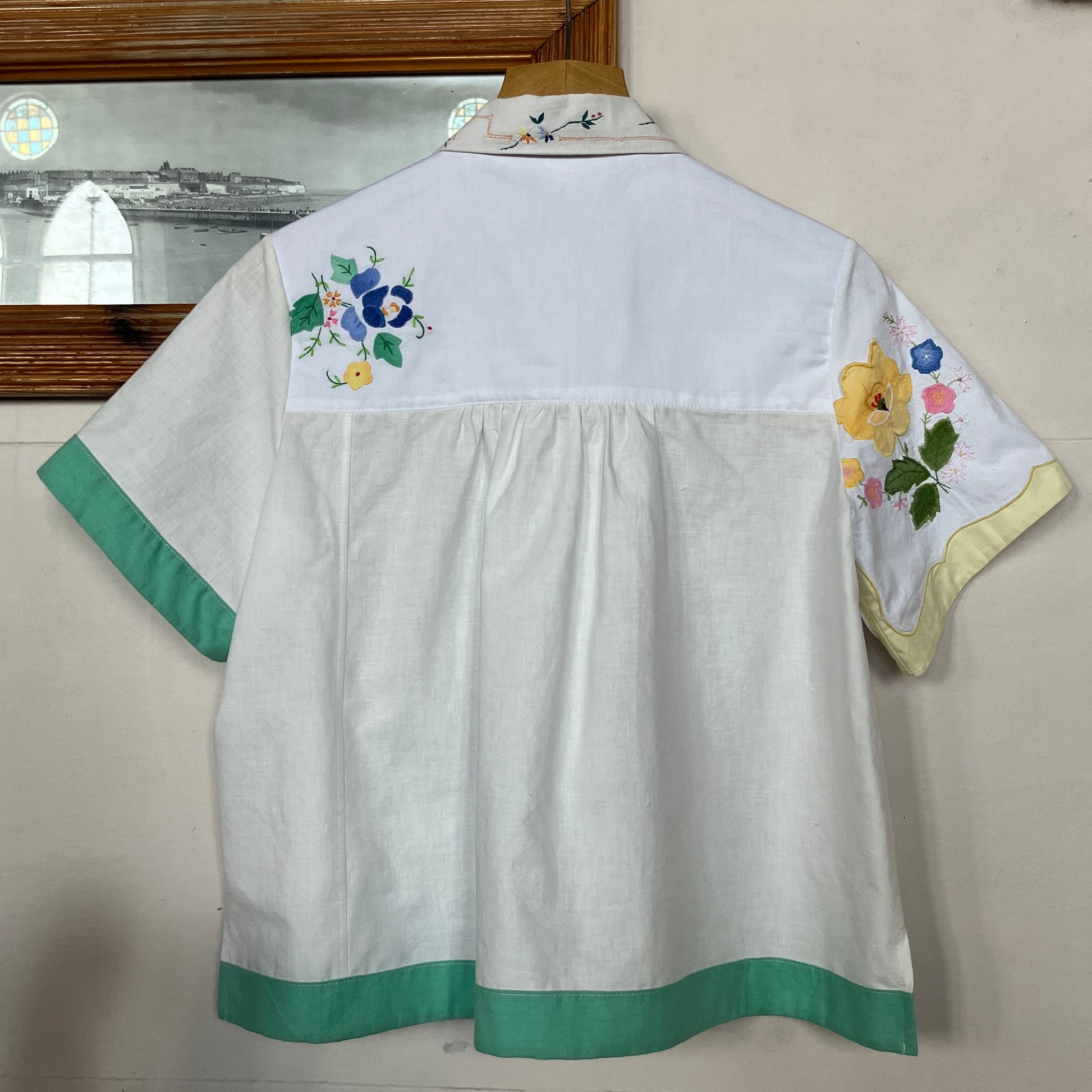 shirt made from reclaimed vintage pillowcases with two appliqué ladies