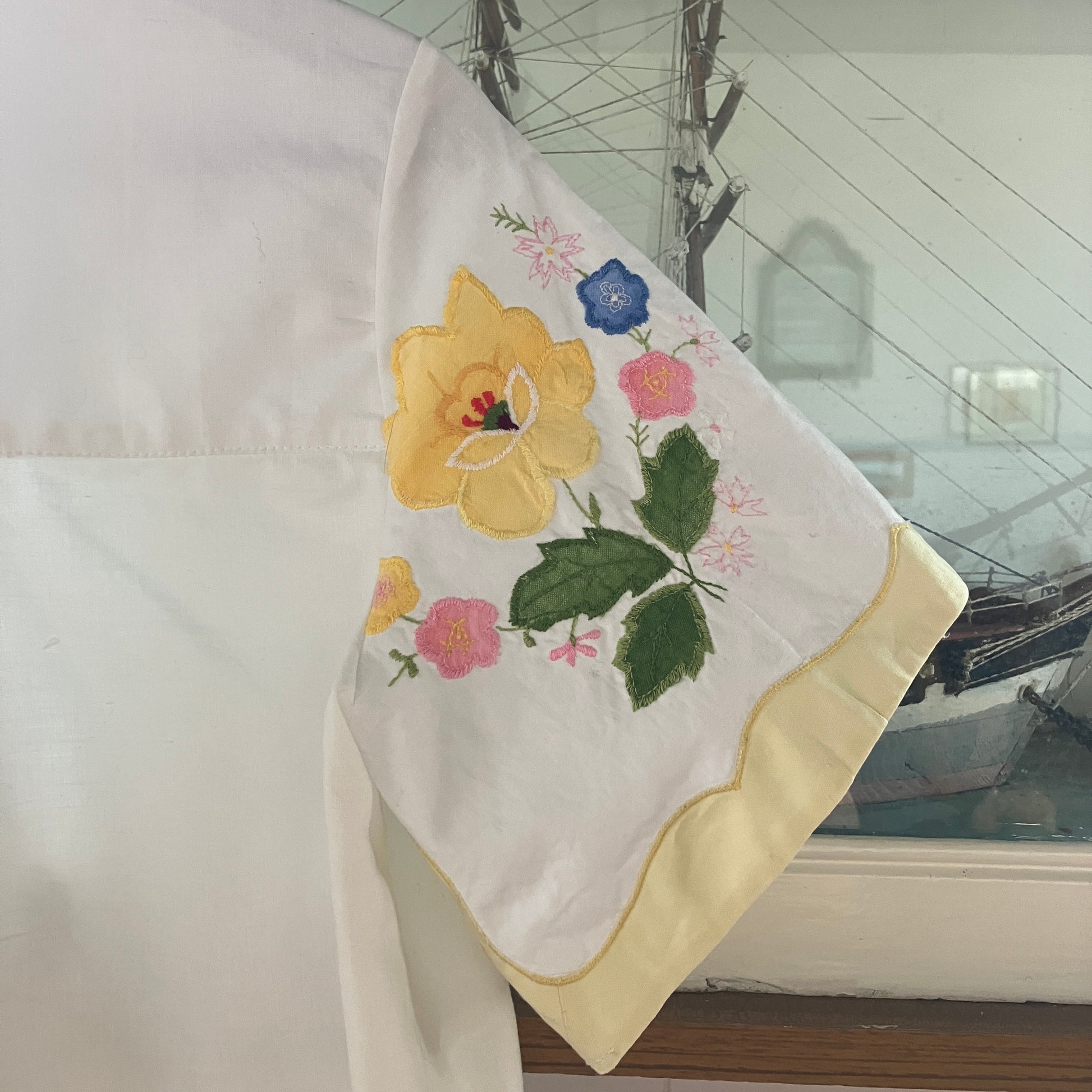 shirt made from reclaimed vintage pillowcases with two appliqué ladies