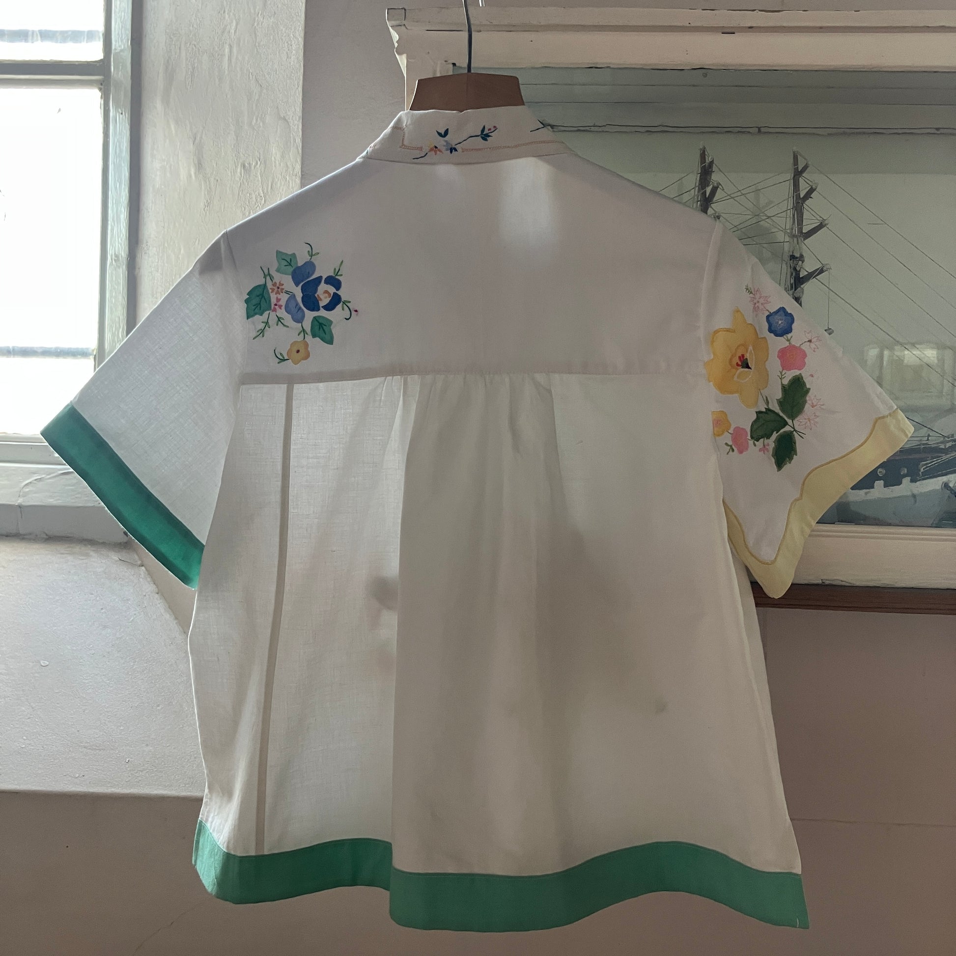 shirt made from reclaimed vintage pillowcases with two appliqué ladies