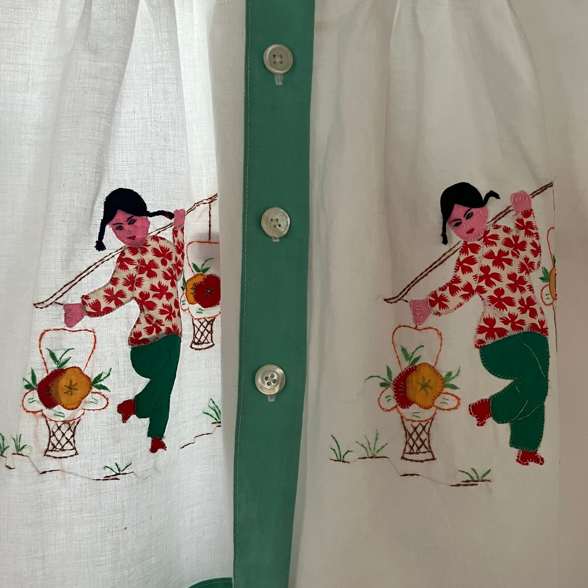 shirt made from reclaimed vintage pillowcases with two appliqué ladies
