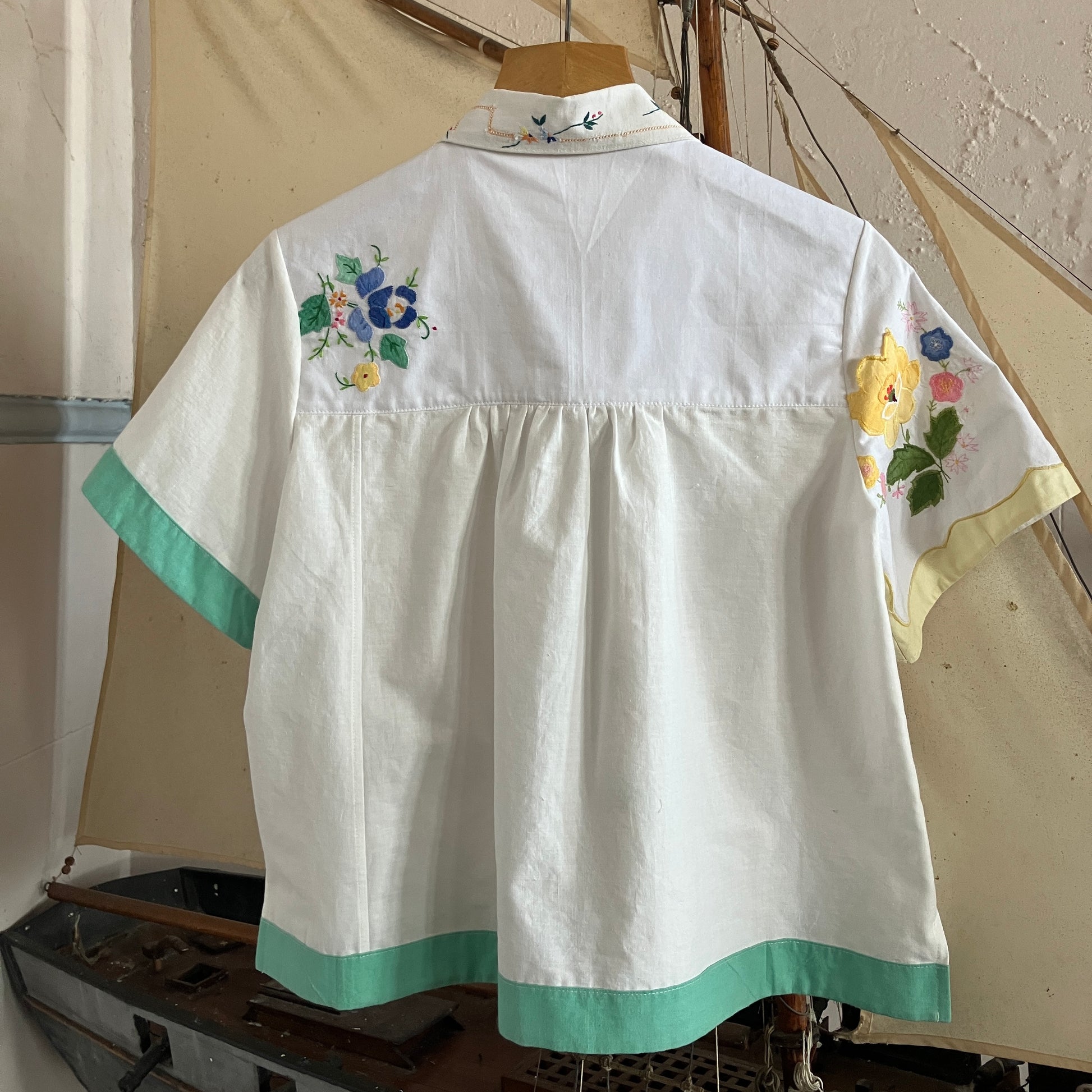 shirt made from reclaimed vintage pillowcases with two appliqué ladies