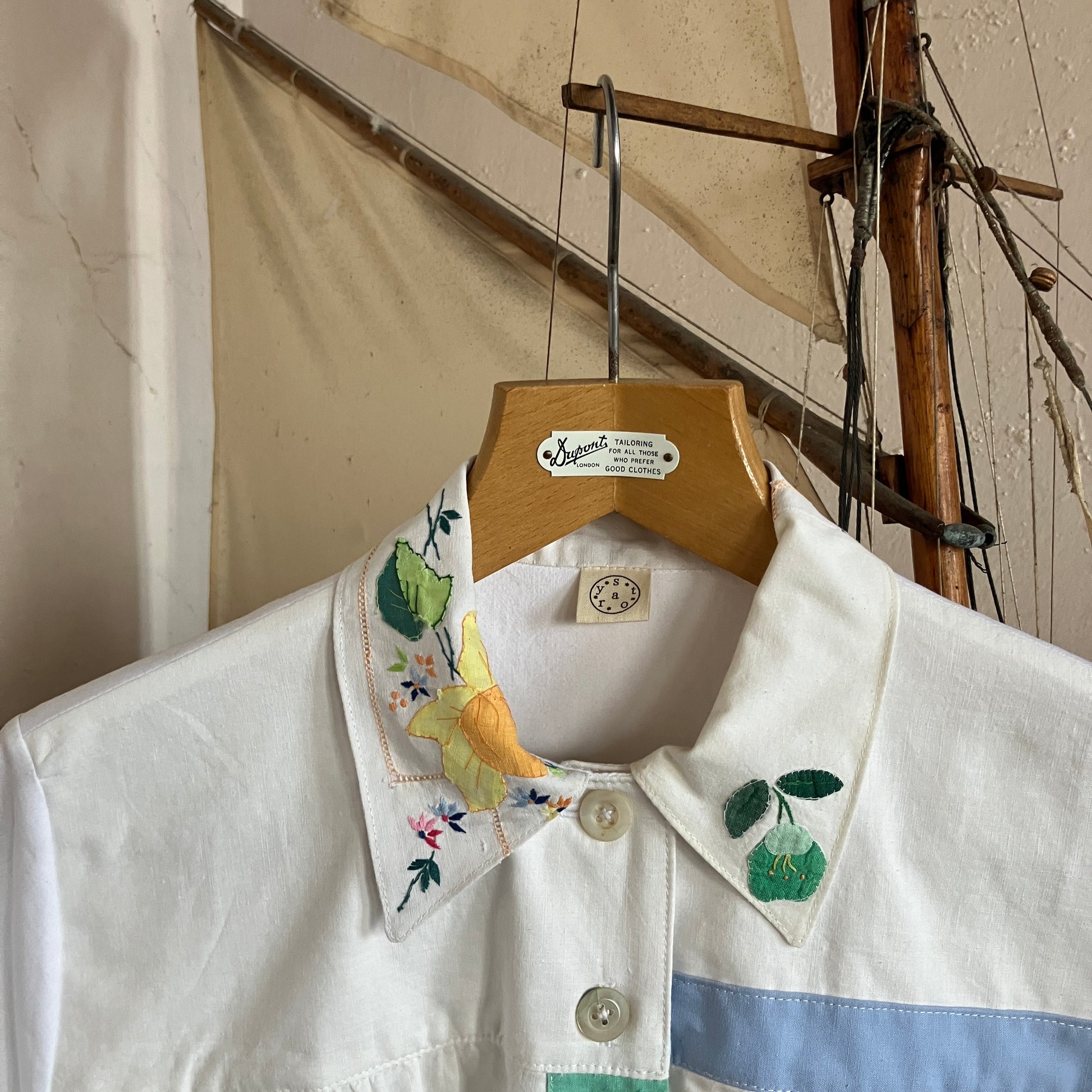 shirt made from reclaimed vintage pillowcases with two appliqué ladies