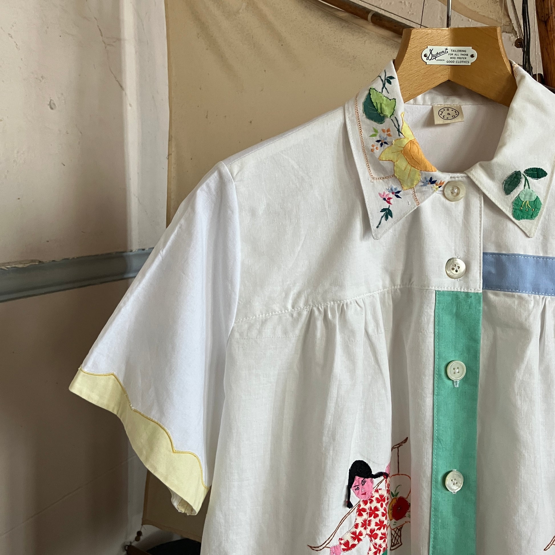 shirt made from reclaimed vintage pillowcases with two appliqué ladies