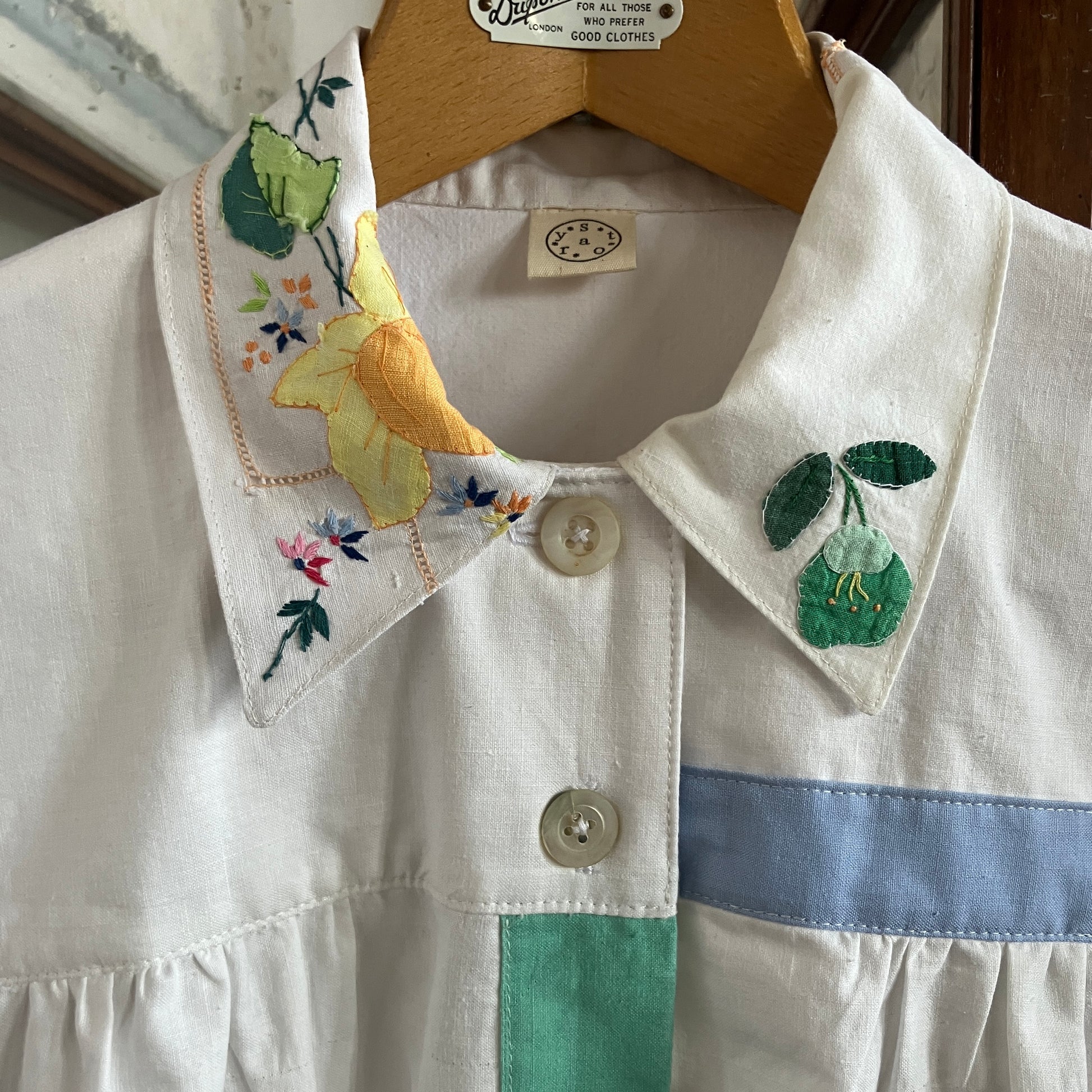 shirt made from reclaimed vintage pillowcases with two appliqué ladies