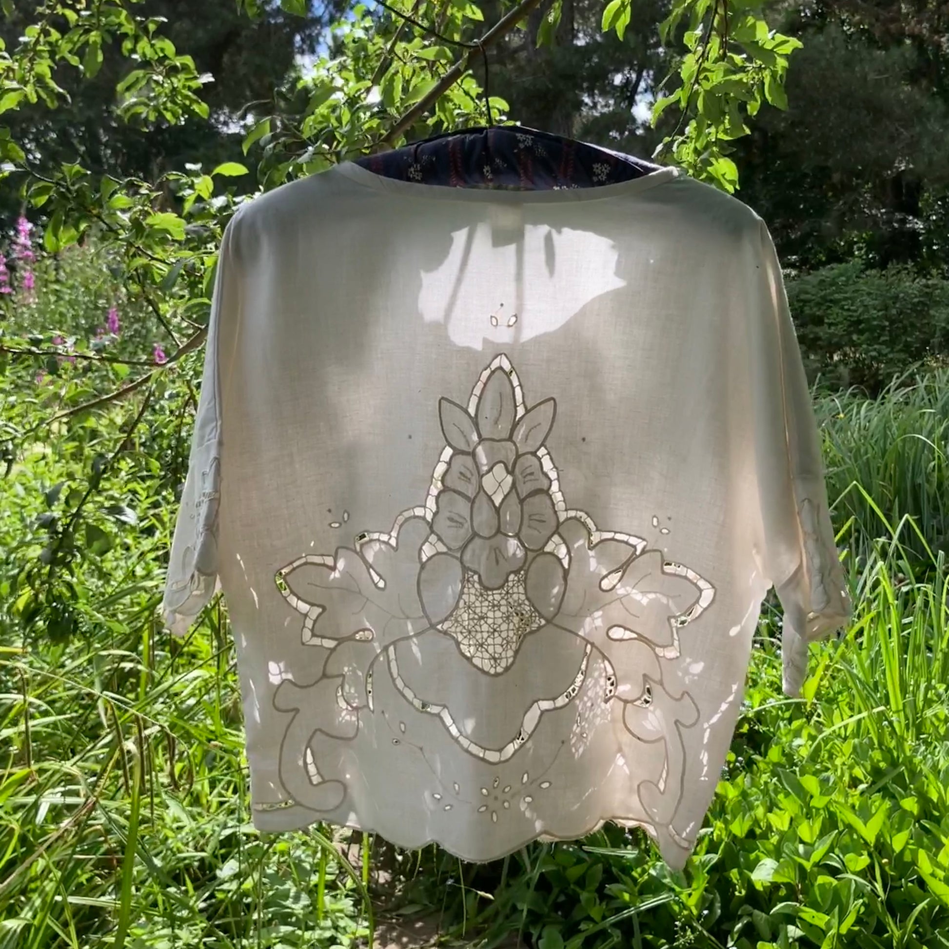 Summer top hand made from a reclaimed vintage white cutwork tablecloth