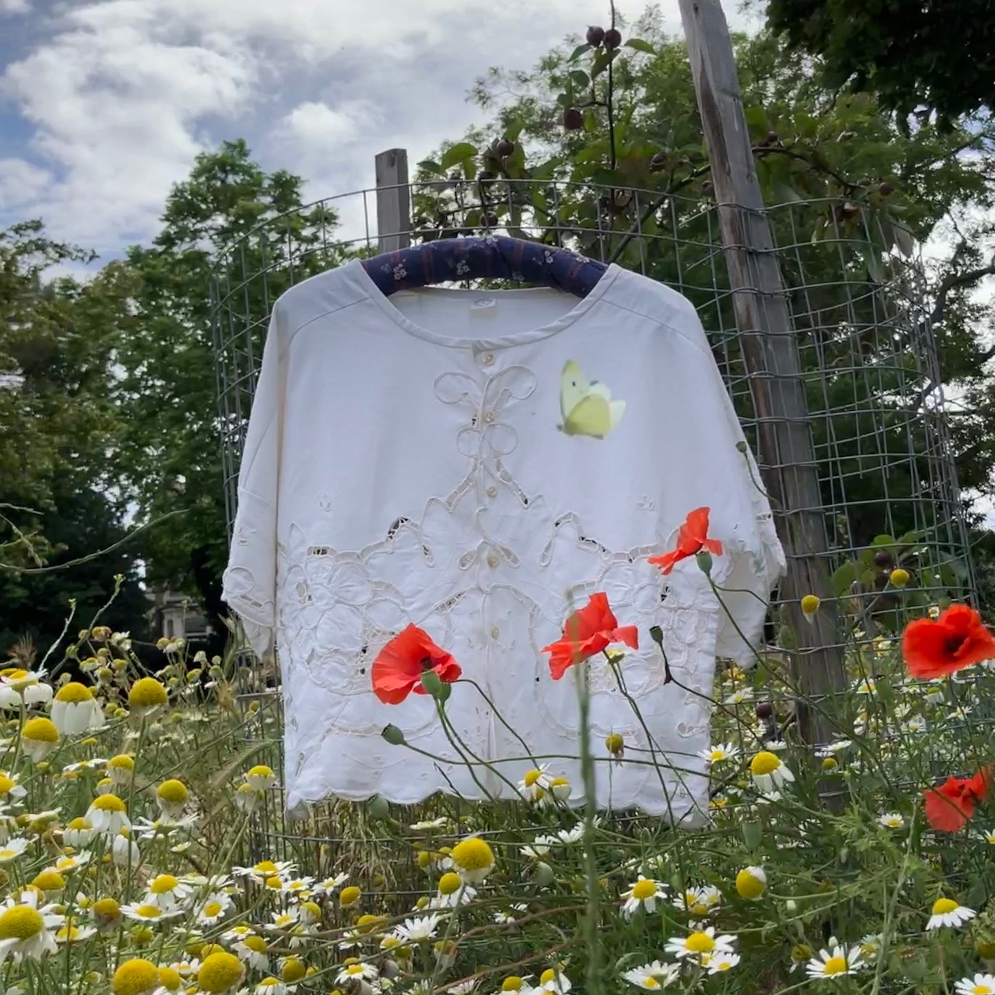 Summer top hand made from a reclaimed vintage white cutwork tablecloth
