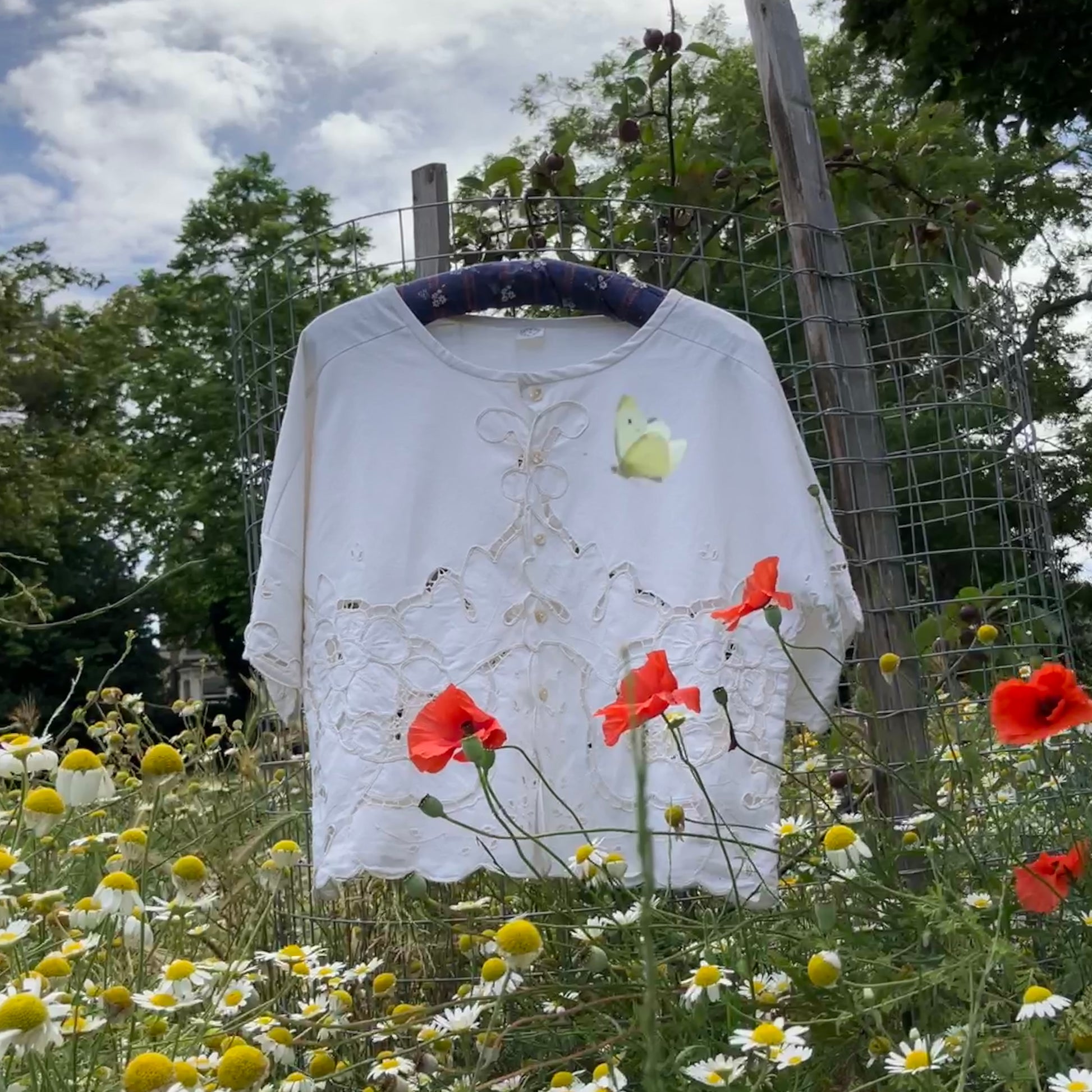 Summer top hand made from a reclaimed vintage white cutwork tablecloth