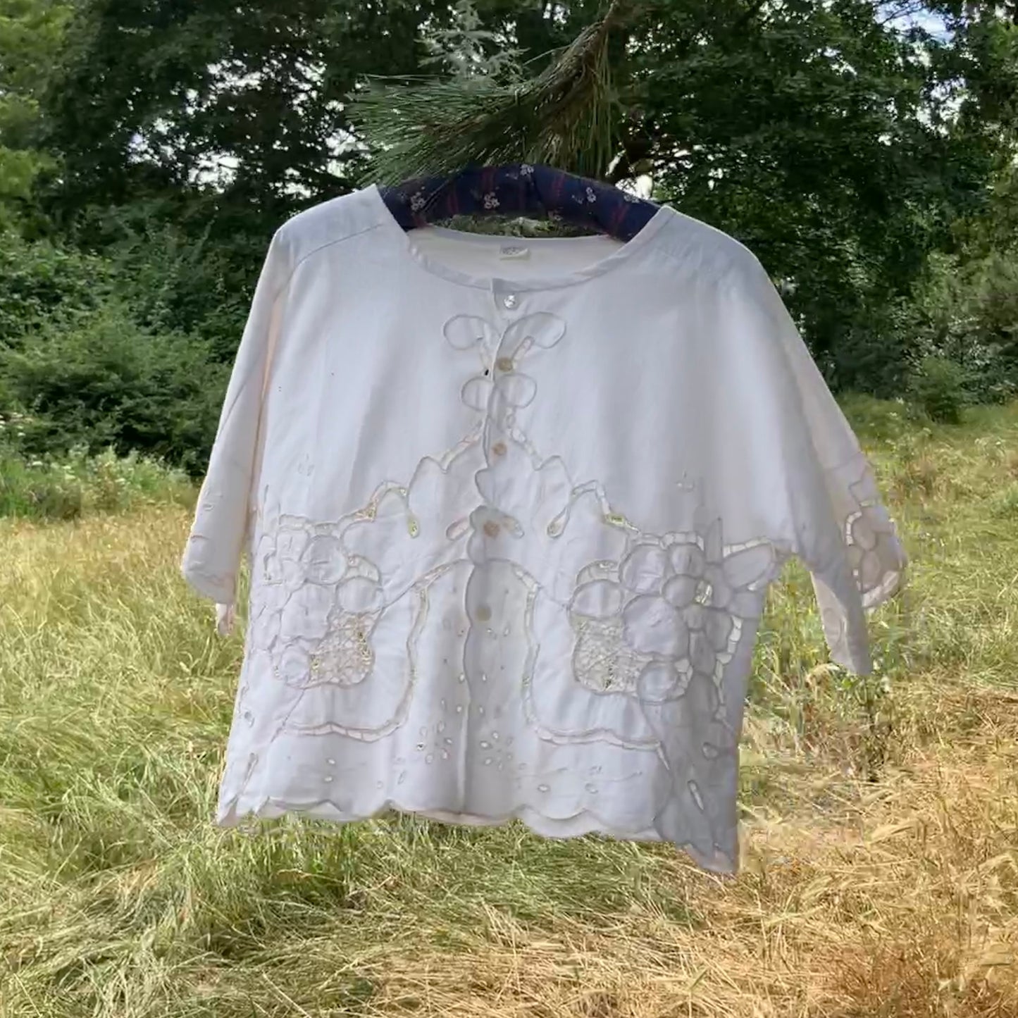 Summer top hand made from a reclaimed vintage white cutwork tablecloth