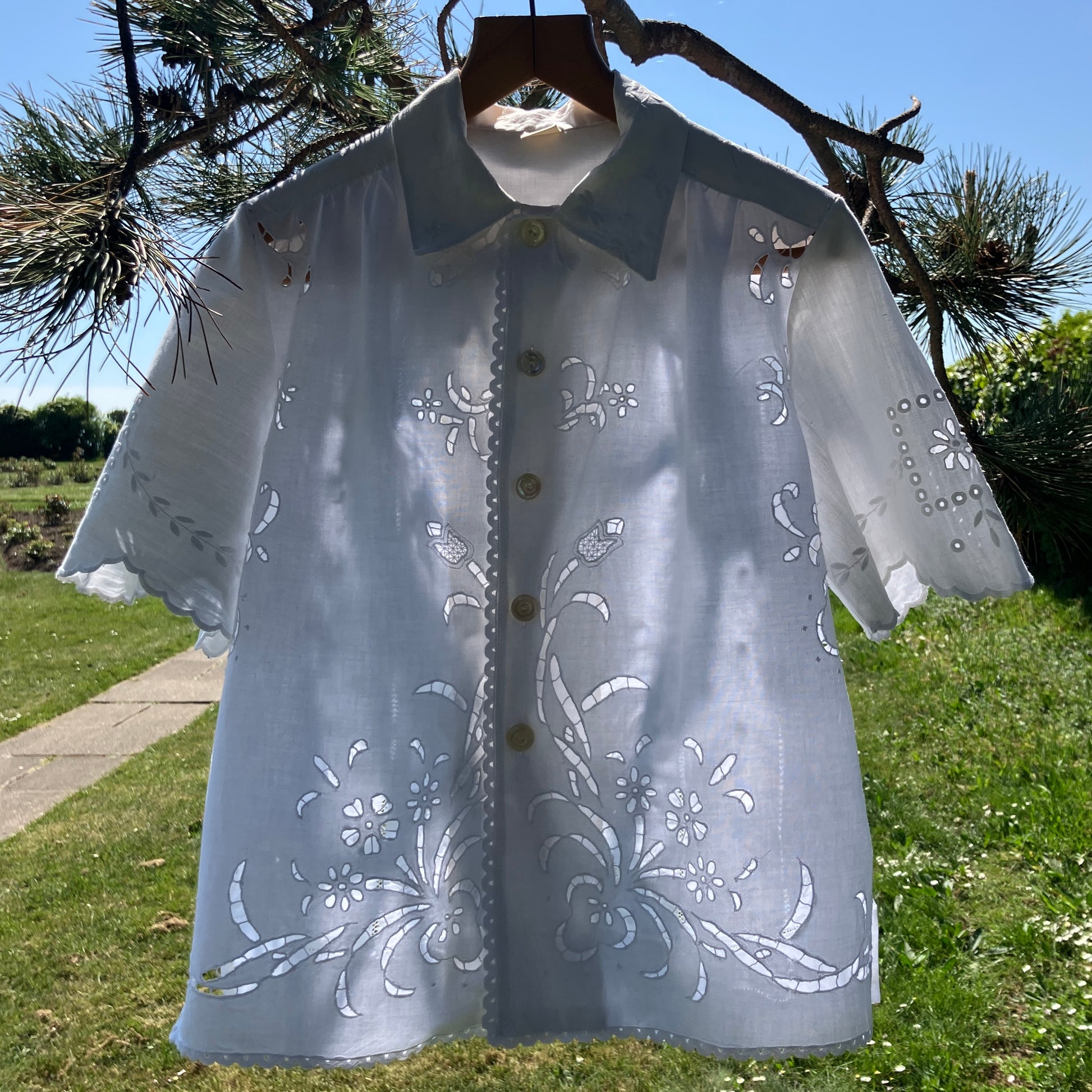 Whitework recycled tablecloth blouse
