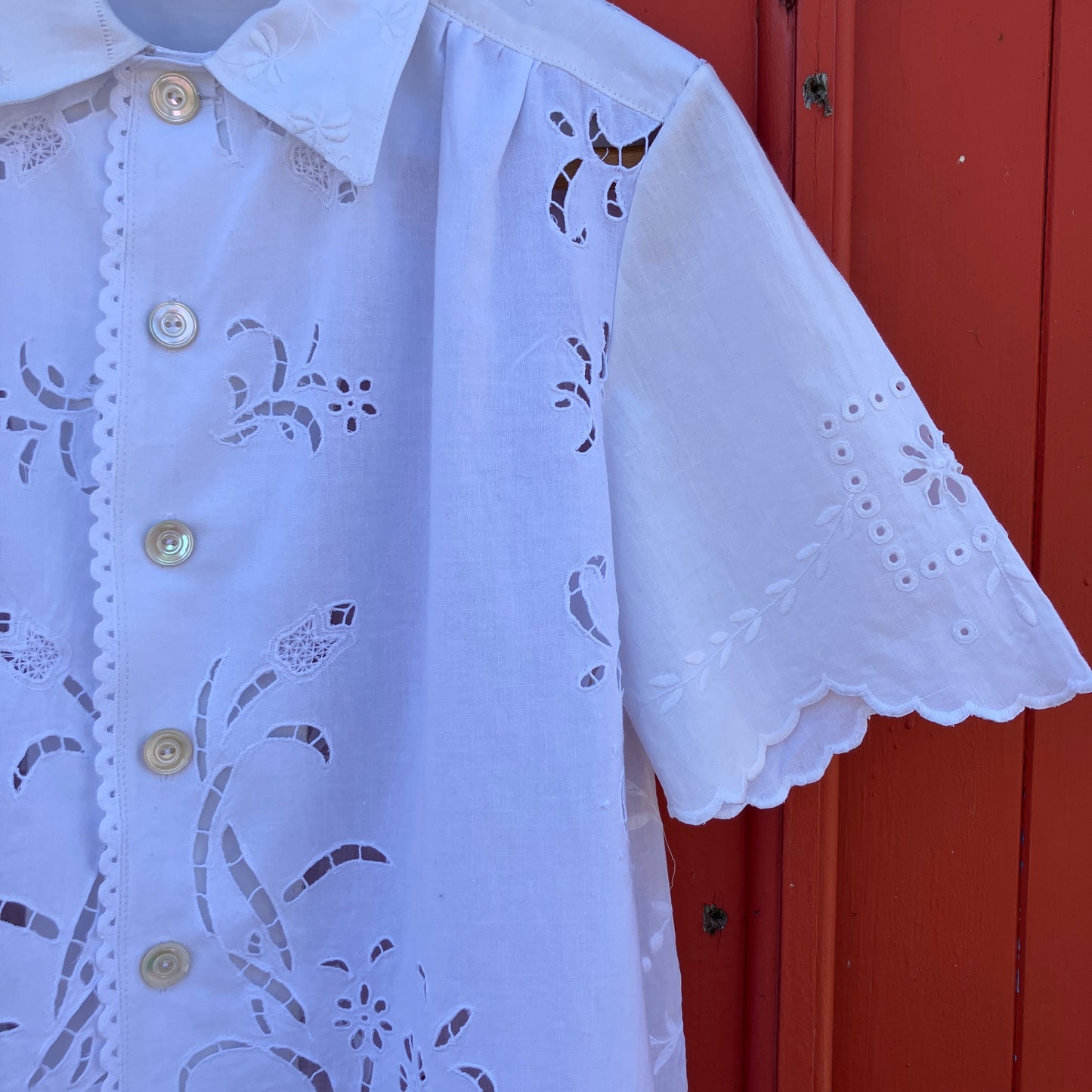 Whitework recycled tablecloth blouse