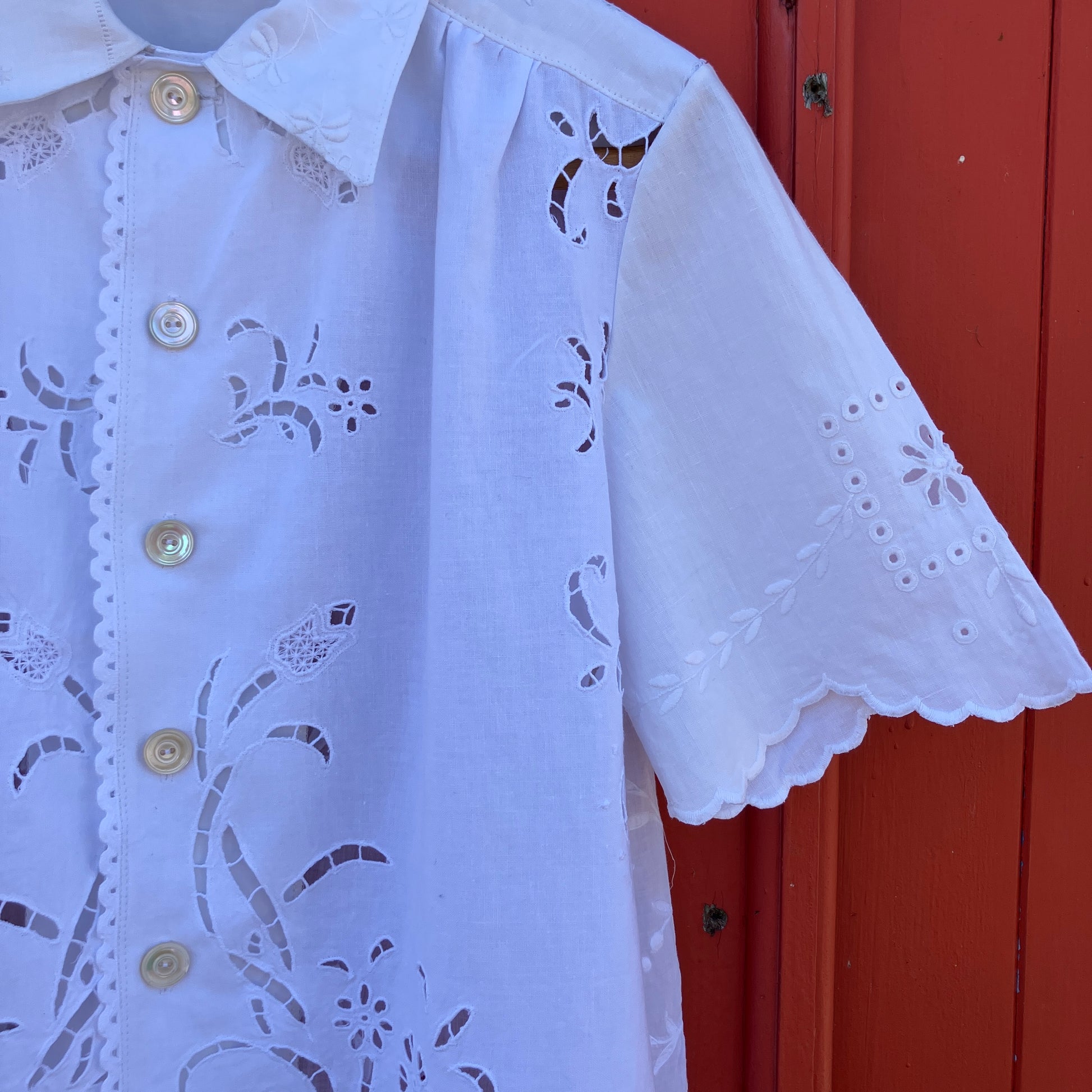 Whitework recycled tablecloth blouse