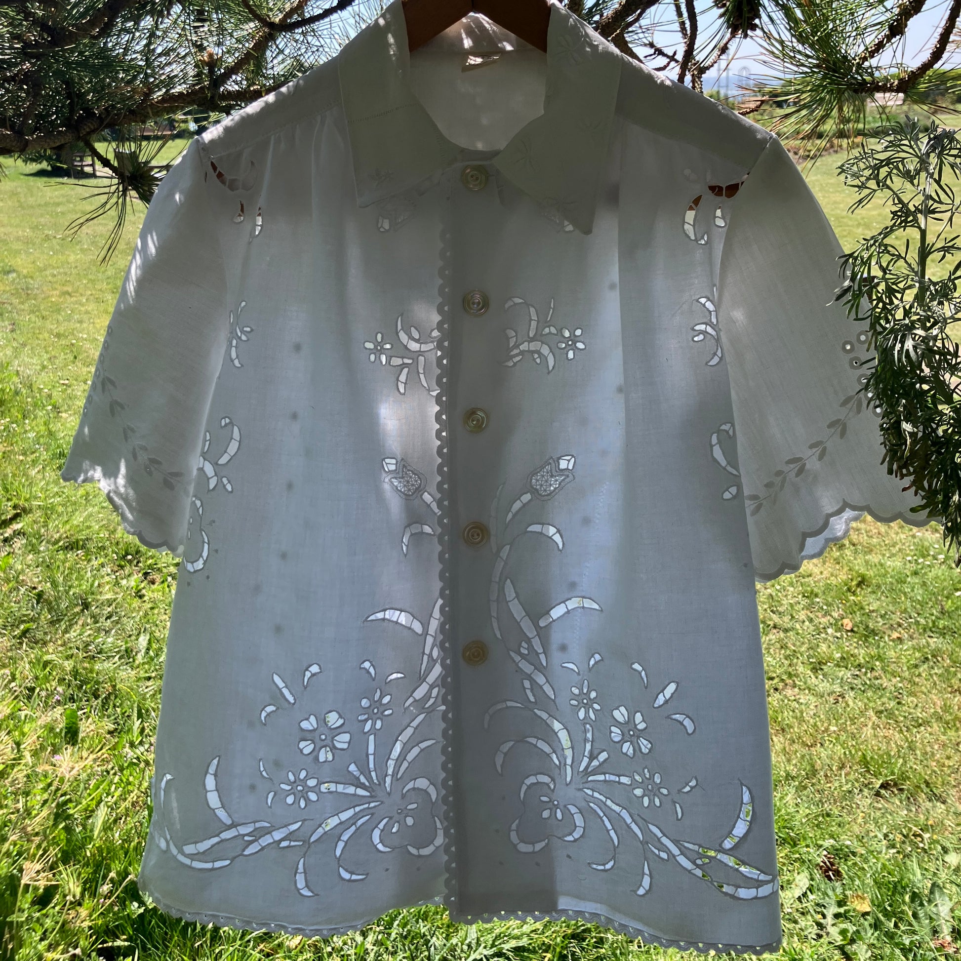 Whitework recycled tablecloth blouse
