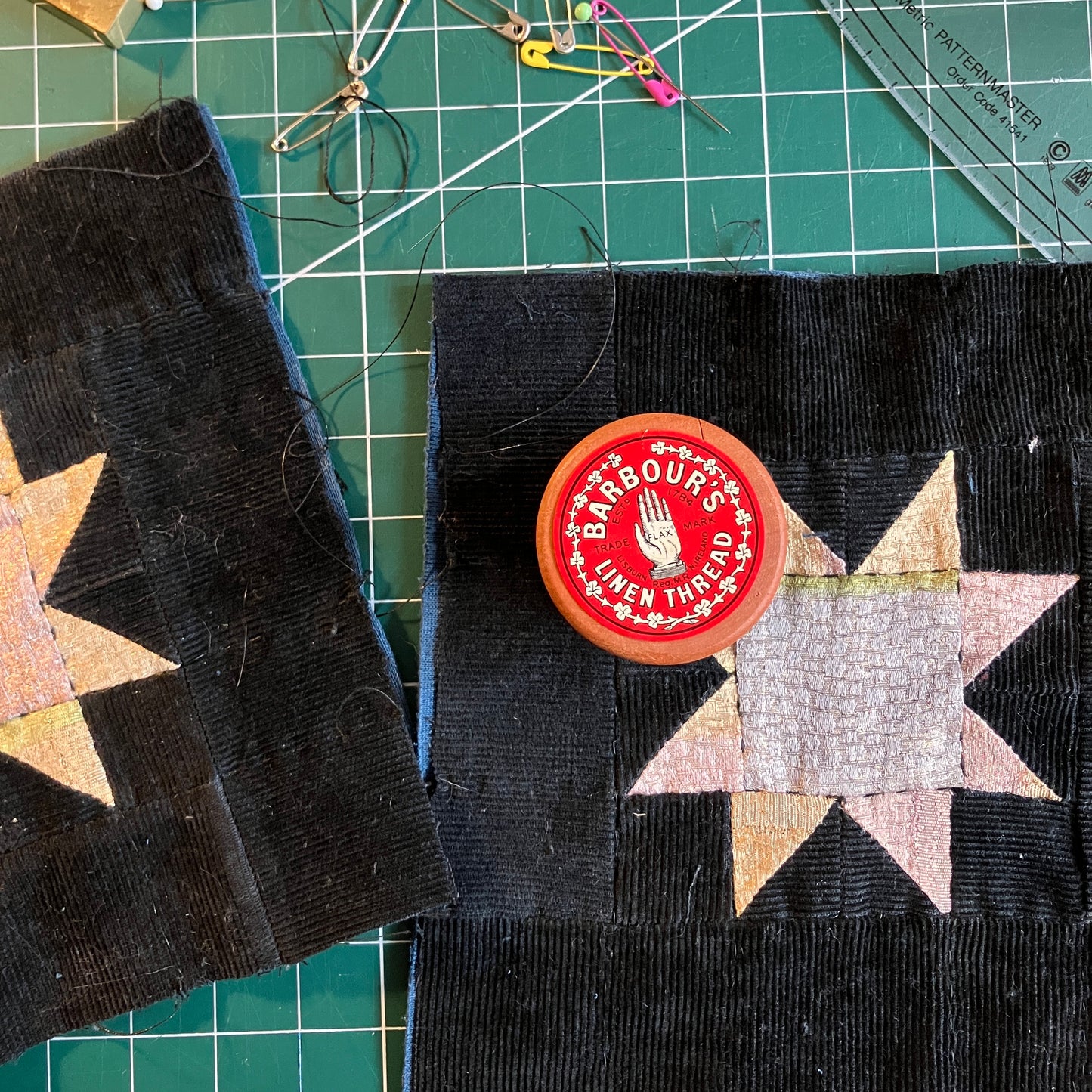 The making of a needlecord vest/gilet/waistcoat with large hand quilted patchwork pockets in gold and silver lamé with blue binding. Finished with wooden buttons and a hanging loop.