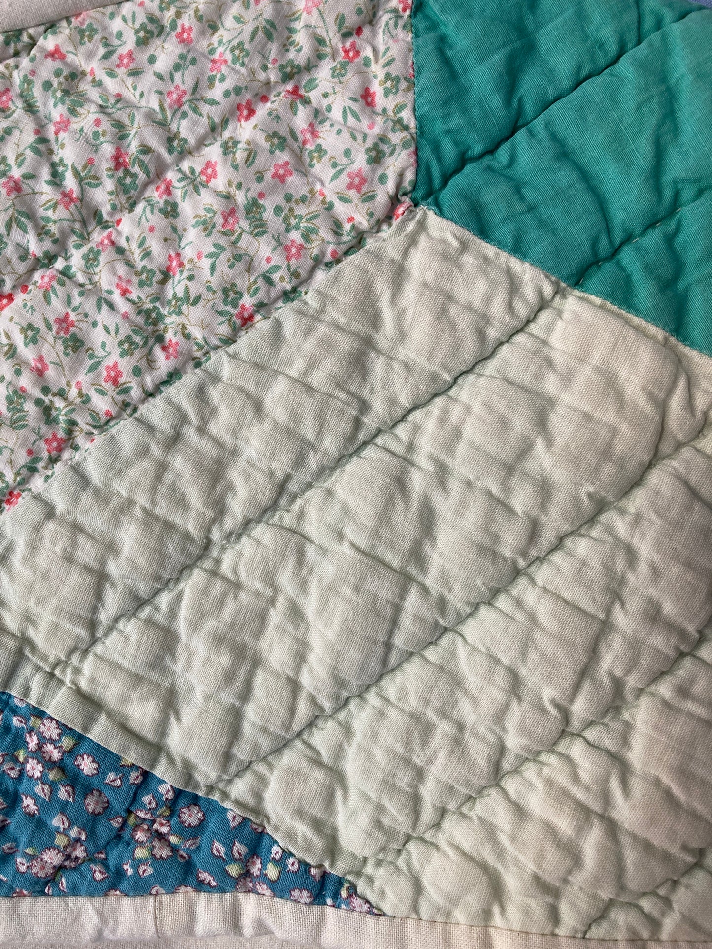 Boxy short-sleeved top made from found calico with a sailor collar cut from an antique patchwork quilt (close-up of collar)