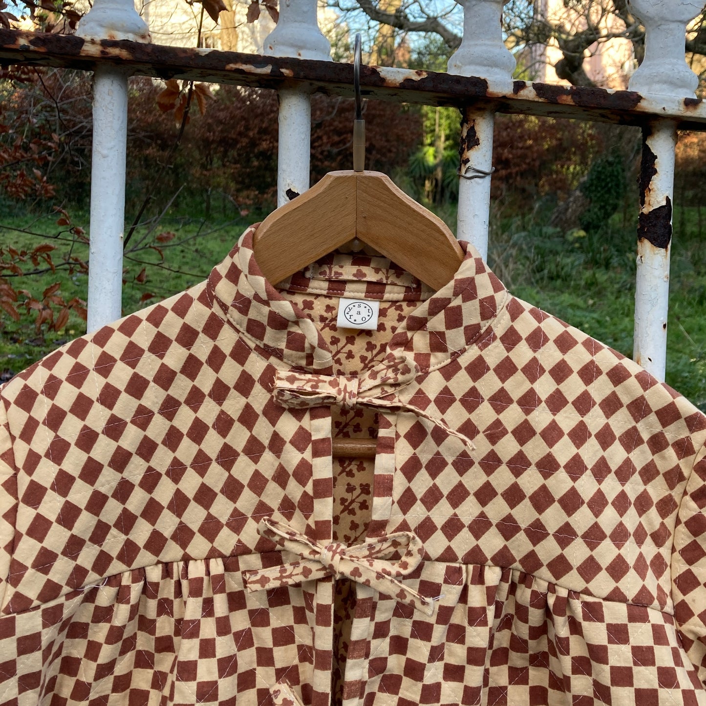 Handmade quilted checkerboard cotton tie-front jacket