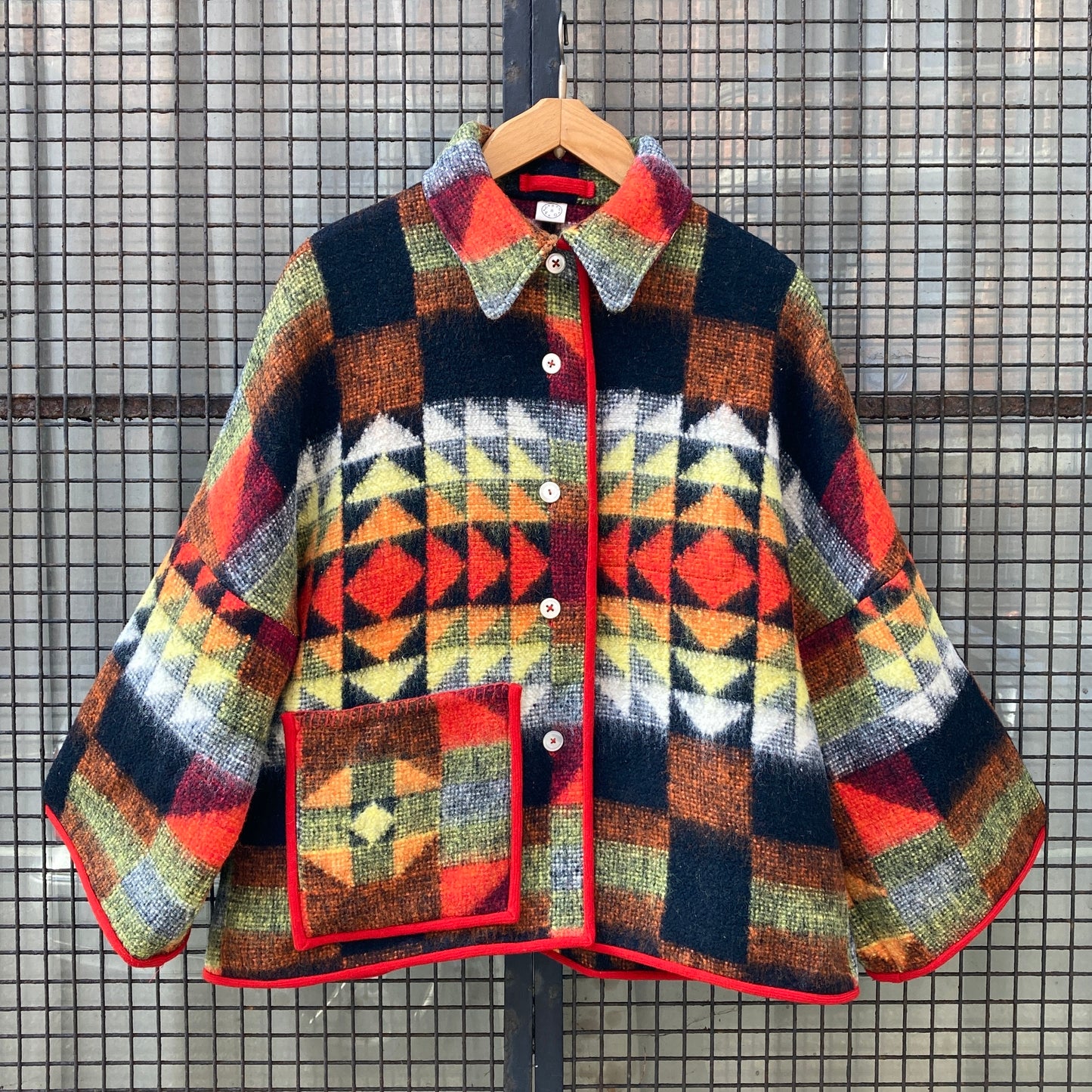 Patchwork-effect recycled blanket jacket