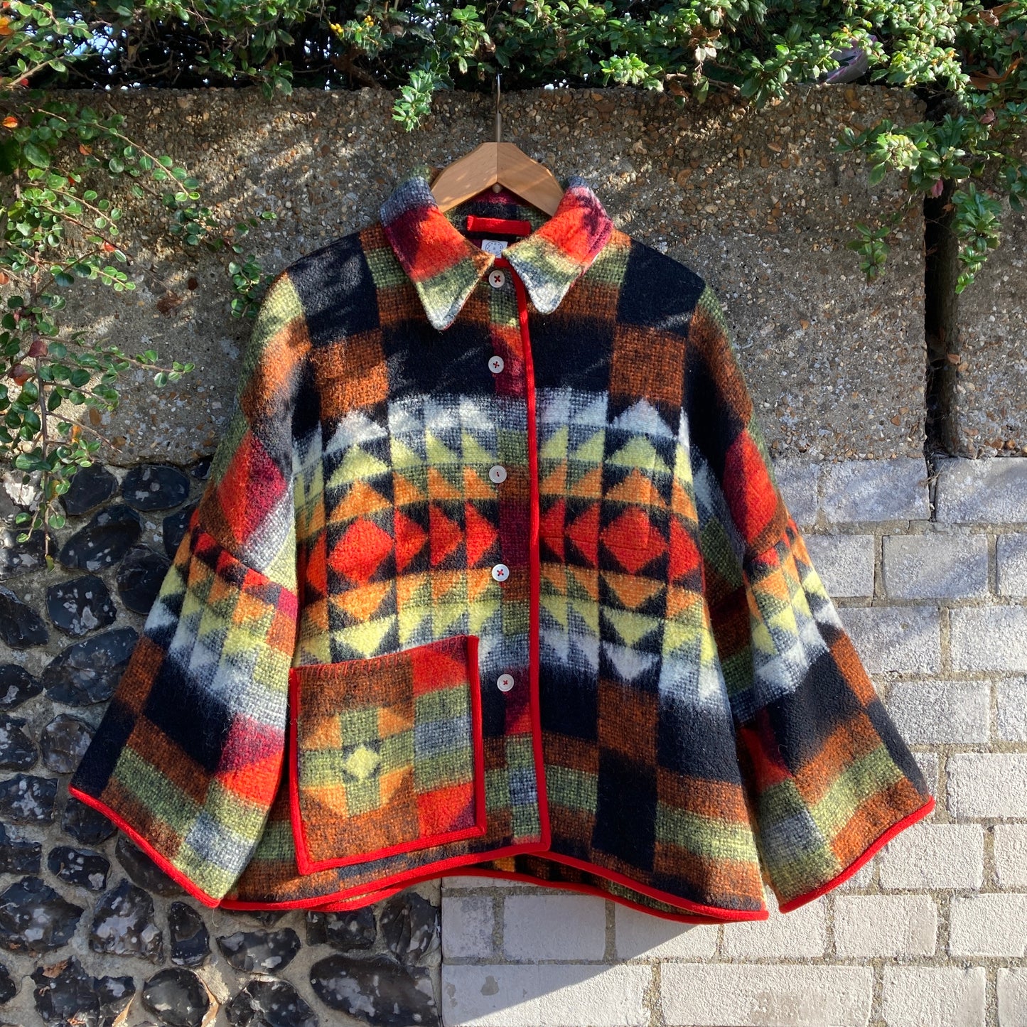 Patchwork-effect recycled blanket jacket