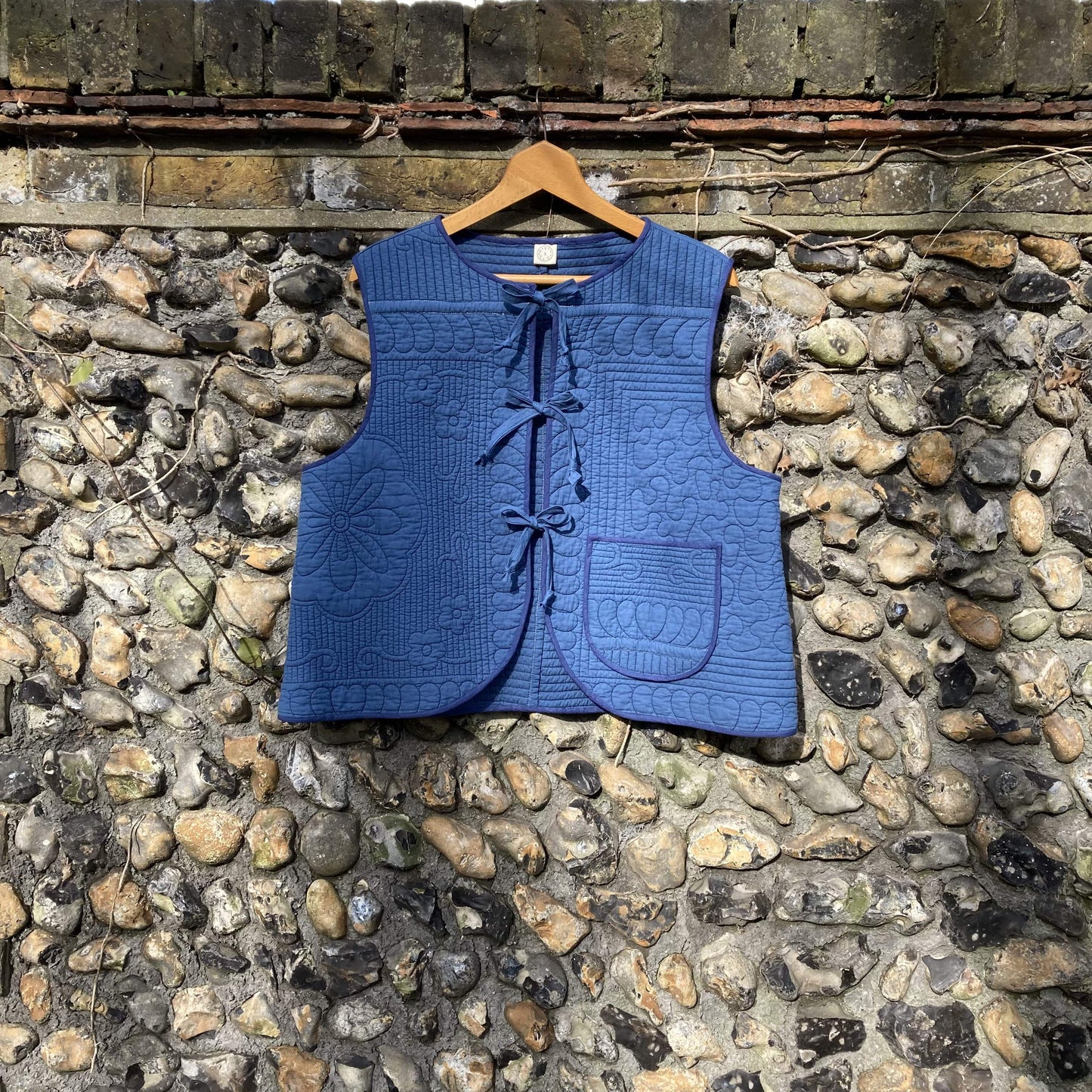 blue tie-front gilet/vest/bodywarmer/waistcoat made from a reclaimed quilt