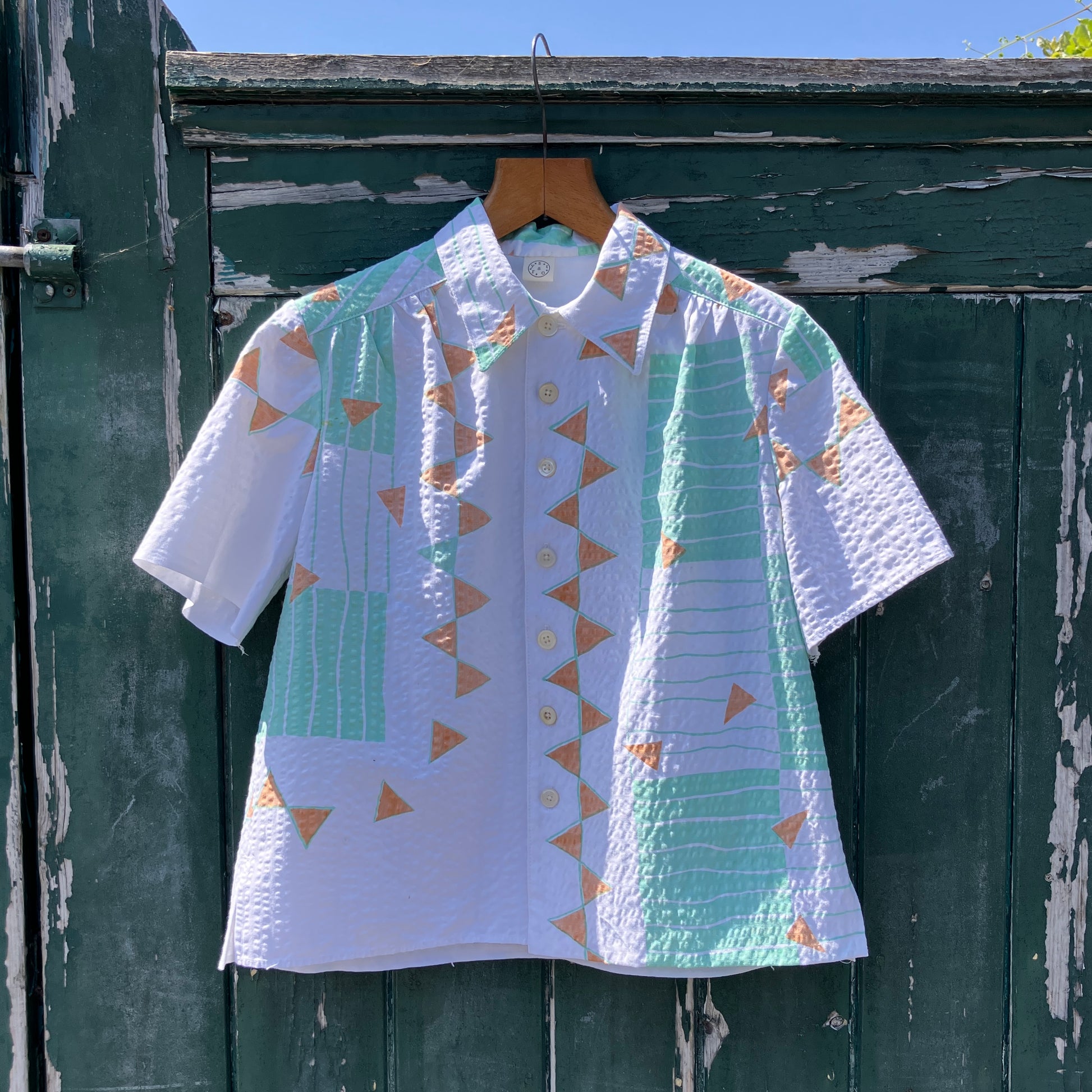shirt made from an 80s graphic print pastel coloured seersucker tablecloth