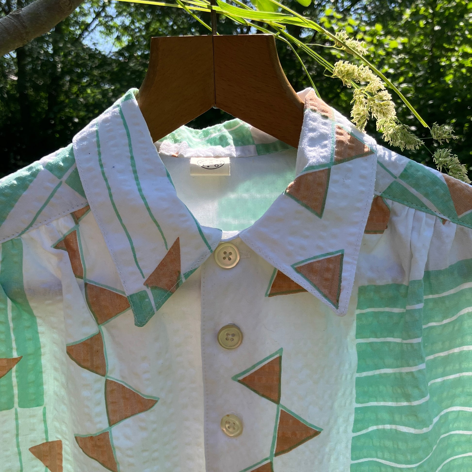 shirt made from an 80s graphic print pastel coloured seersucker tablecloth