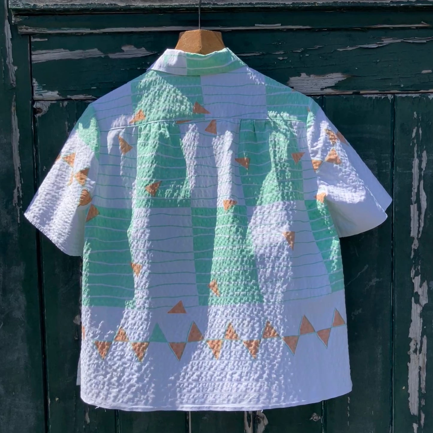 shirt made from an 80s graphic print pastel coloured seersucker tablecloth