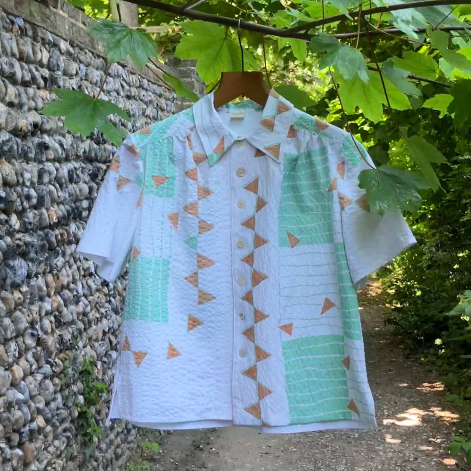 shirt made from an 80s graphic print pastel coloured seersucker tablecloth