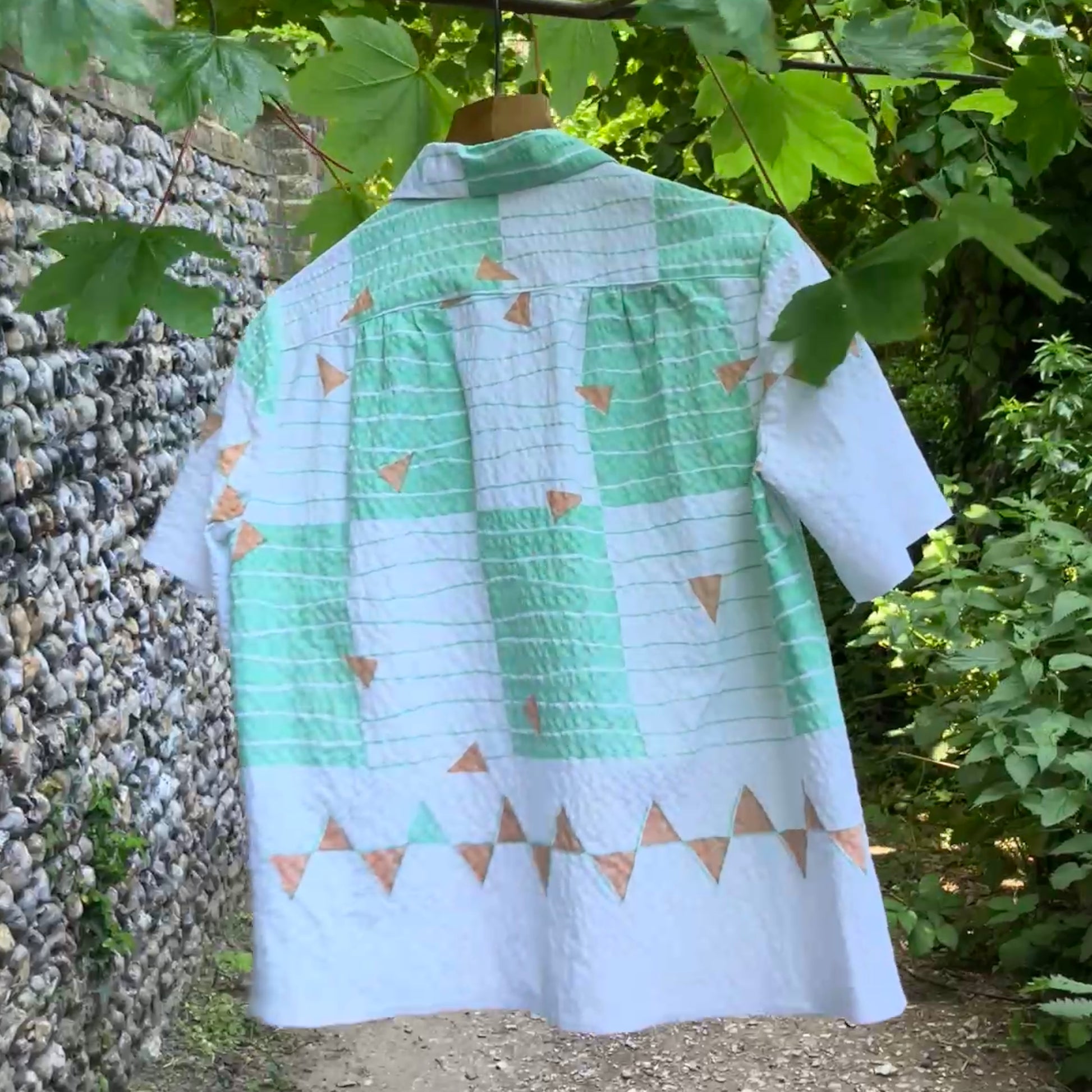 shirt made from an 80s graphic print pastel coloured seersucker tablecloth