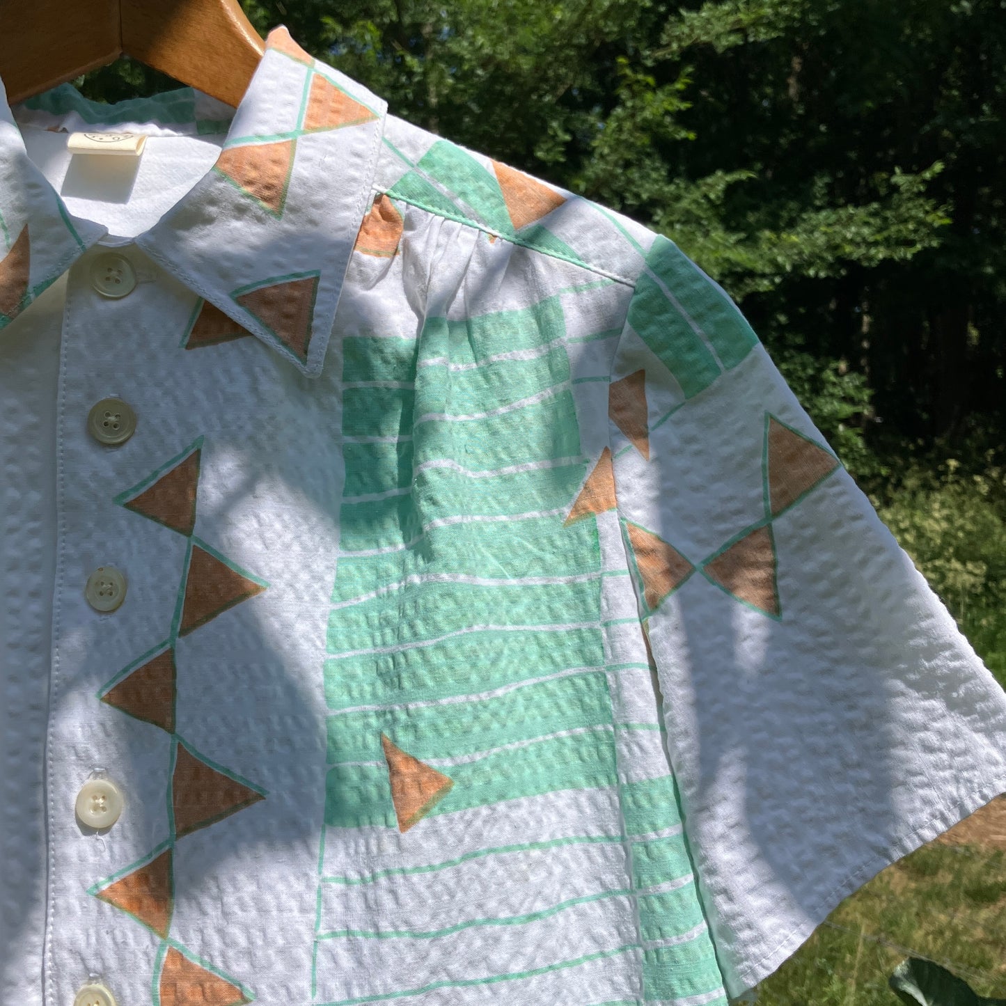 shirt made from an 80s graphic print pastel coloured seersucker tablecloth