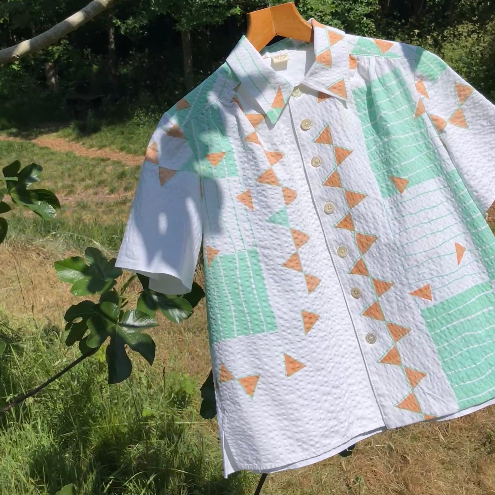 shirt made from an 80s graphic print pastel coloured seersucker tablecloth