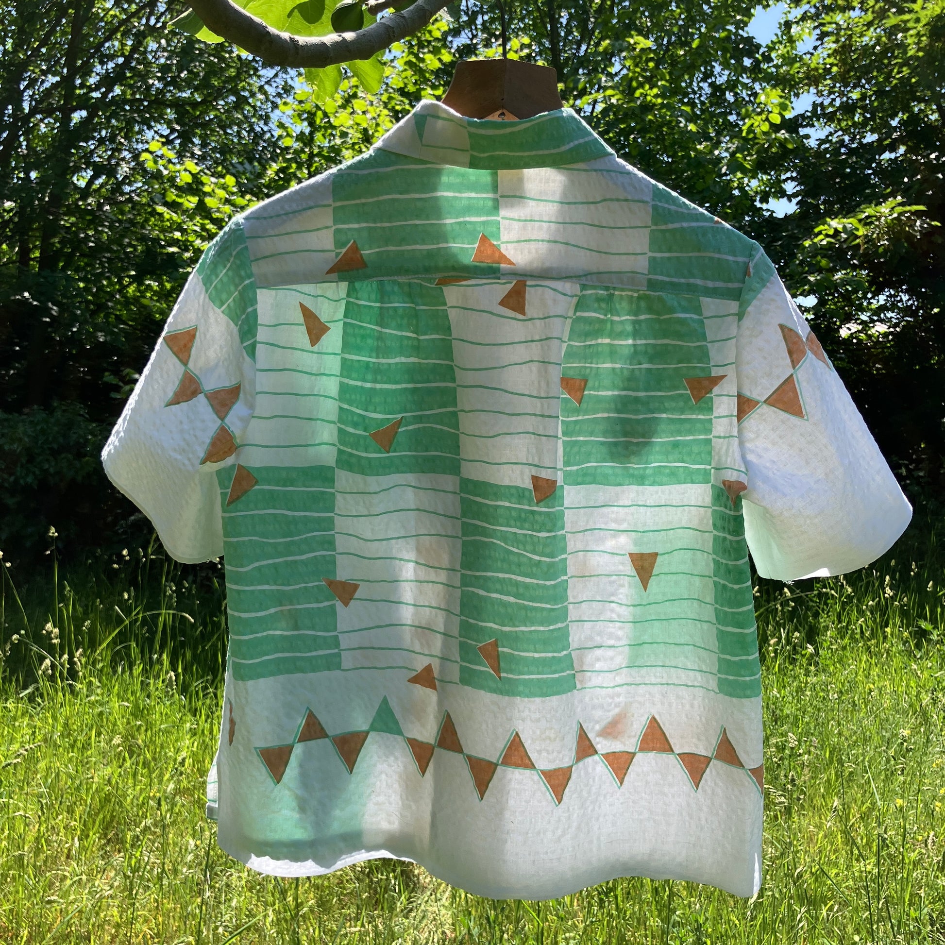shirt made from an 80s graphic print pastel coloured seersucker tablecloth