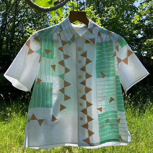 shirt made from an 80s graphic print pastel coloured seersucker tablecloth