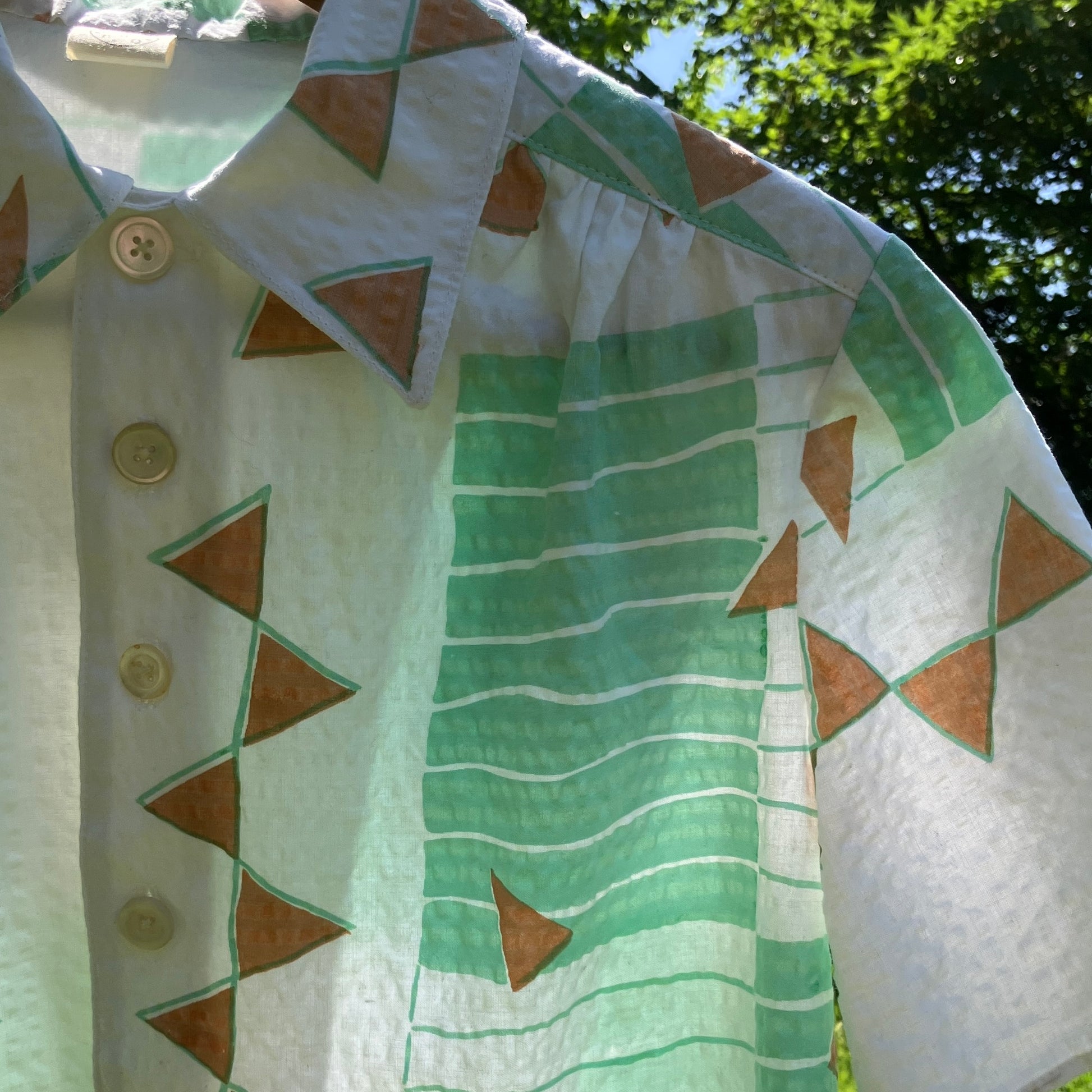 shirt made from an 80s graphic print pastel coloured seersucker tablecloth