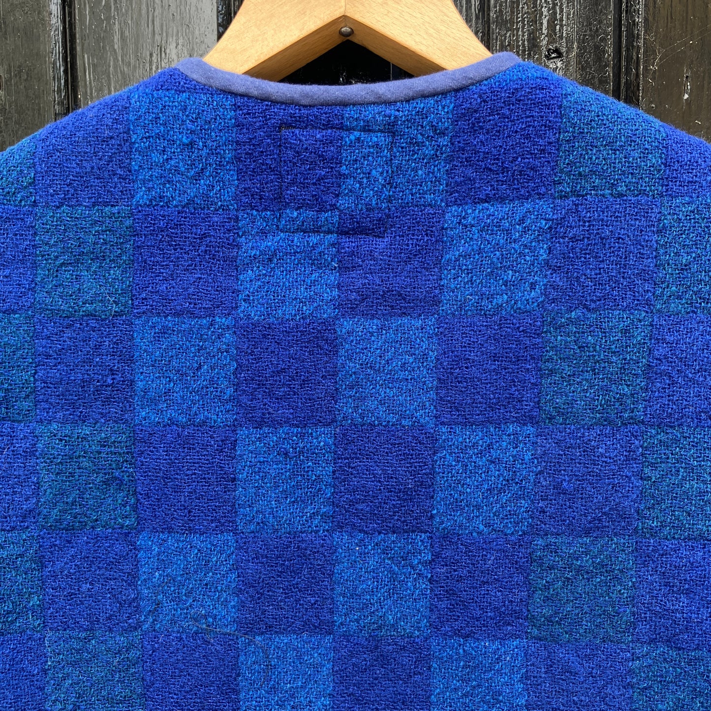 Vest/gilet/waistcoat made from a reclaimed blue checkerboard weave Irish wool Gaiety blanket - back view
