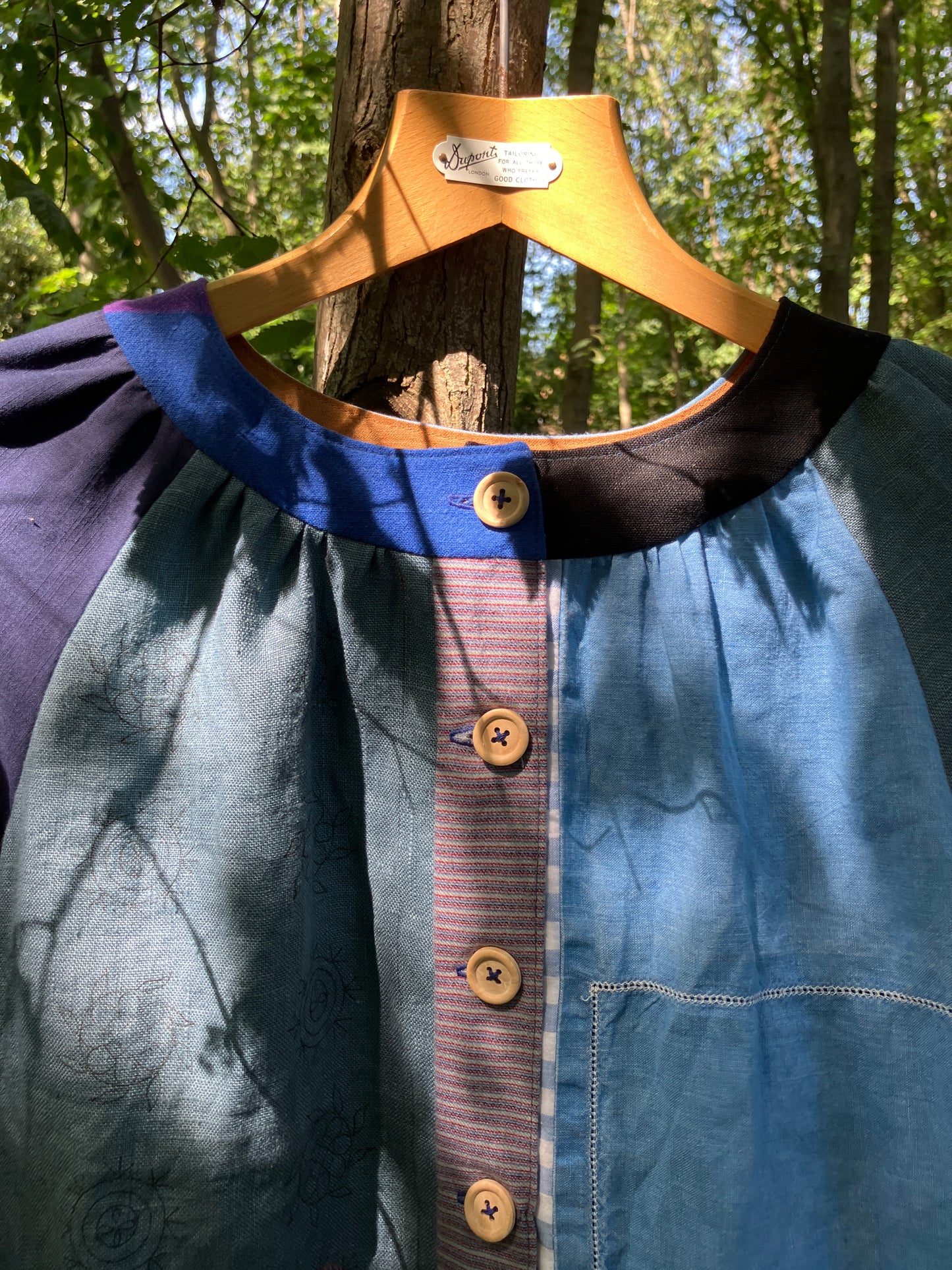 blue linen patchwork smock top with reclaimed wooden buttons