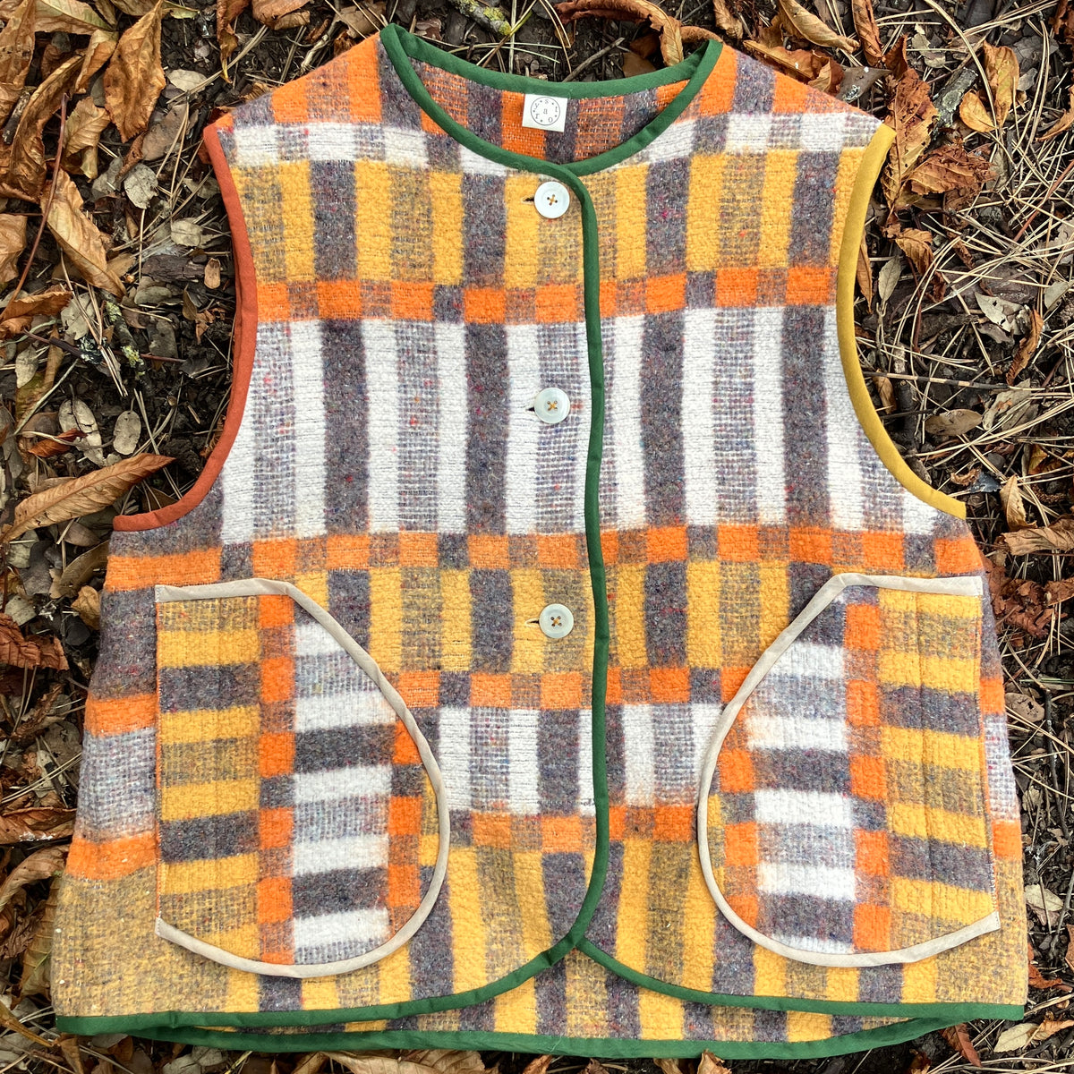 button front vest made from a geometric vintage blanket
