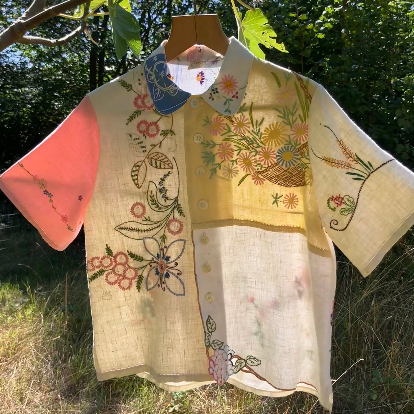 Linen patchwork recycled tablecloth shirt