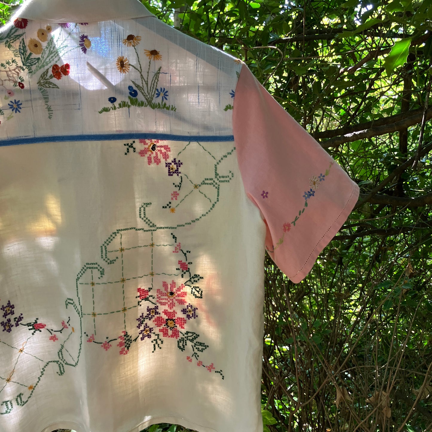 Linen patchwork recycled tablecloth shirt