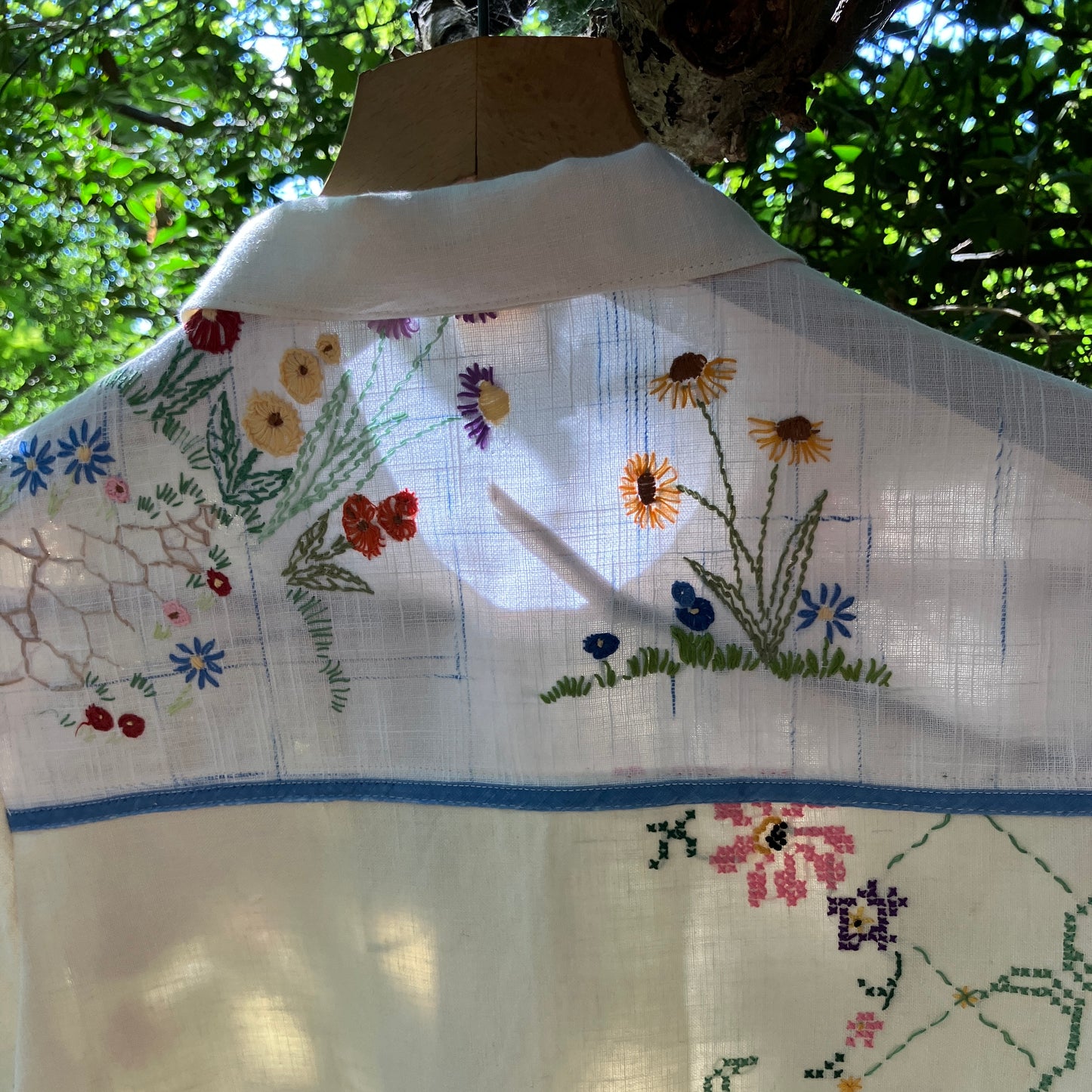 Linen patchwork recycled tablecloth shirt