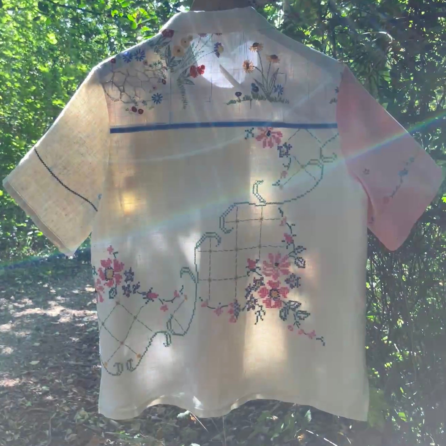 Linen patchwork recycled tablecloth shirt